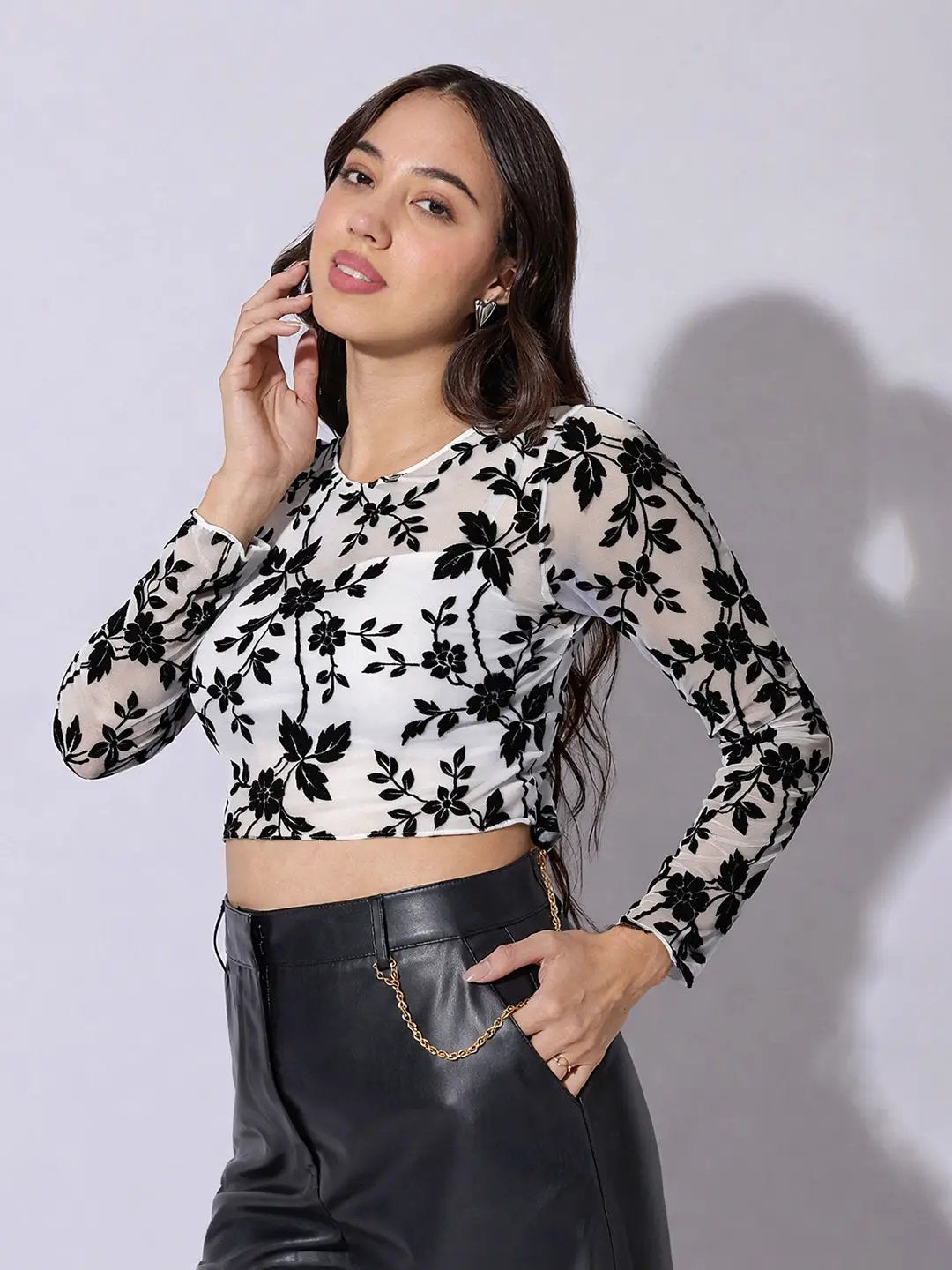 Women's Floral White Full Sleeve Mesh Crop Top