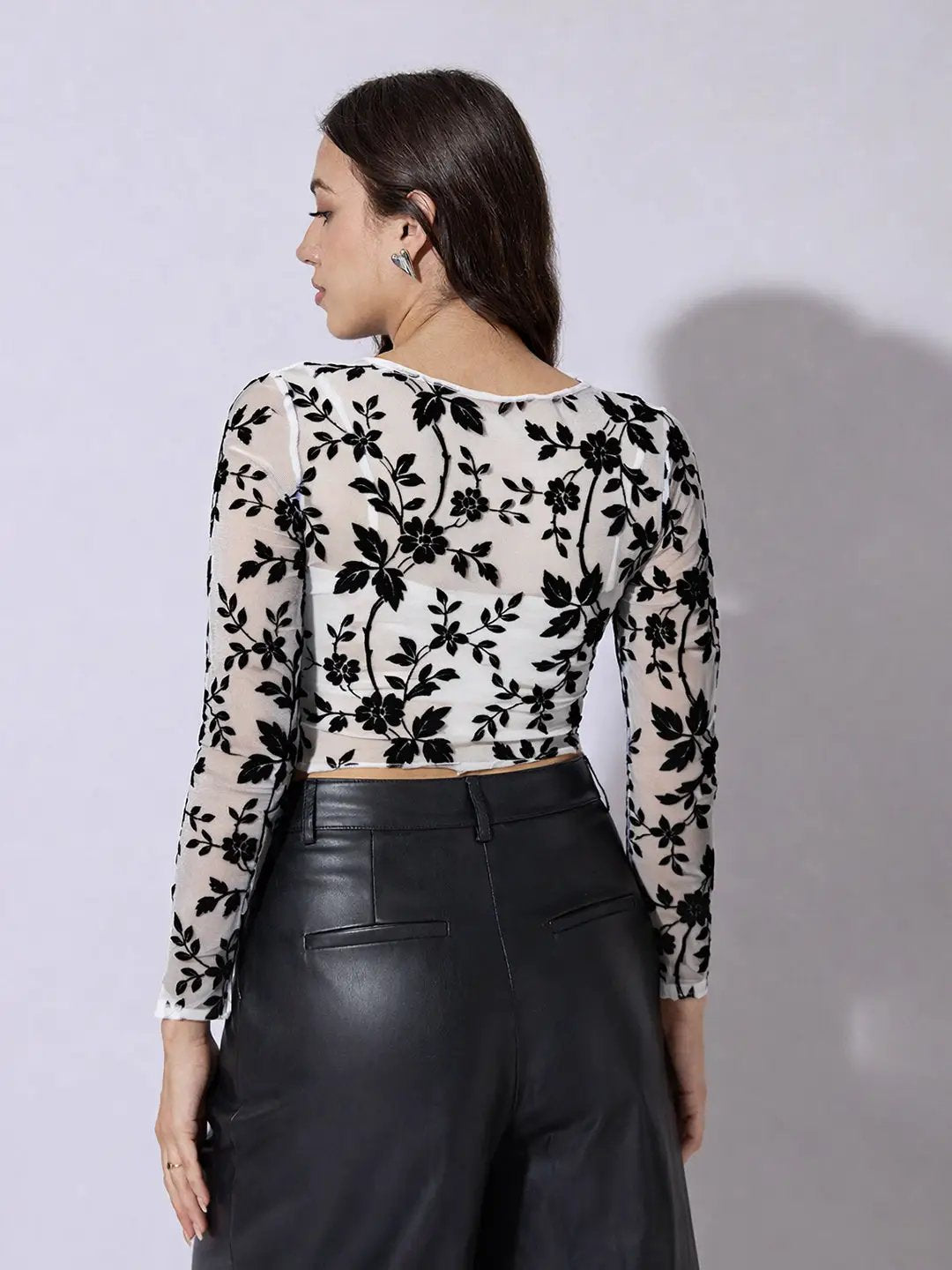 Women's Floral White Full Sleeve Mesh Crop Top