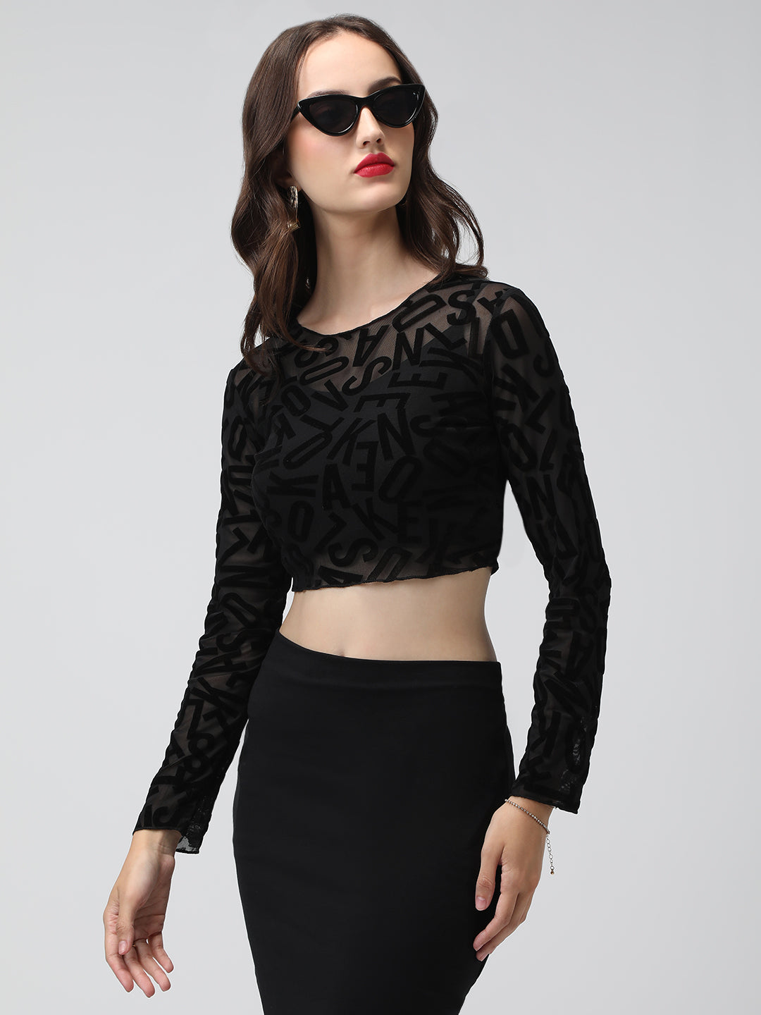 Women's Typography Black Sheer Fitted Mesh Crop Top