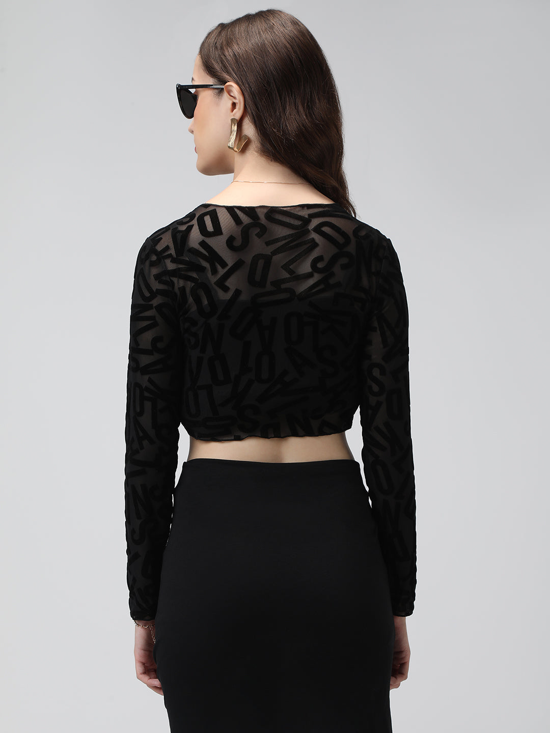 Women's Typography Black Sheer Fitted Mesh Crop Top