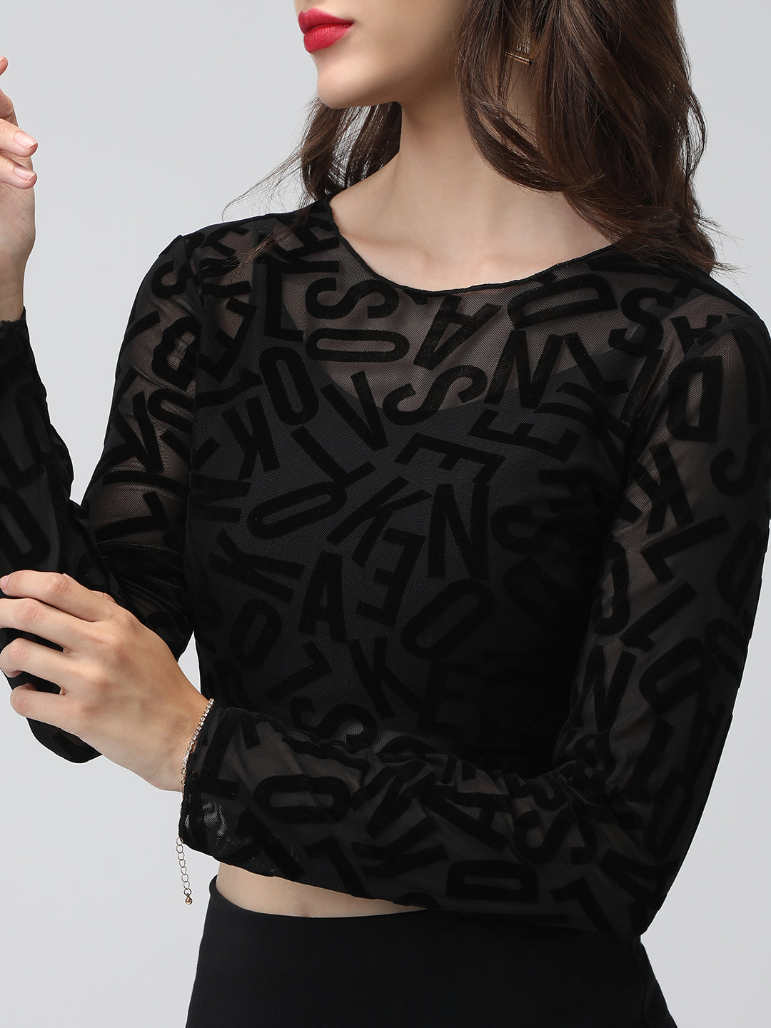 Women's Typography Black Sheer Fitted Mesh Crop Top