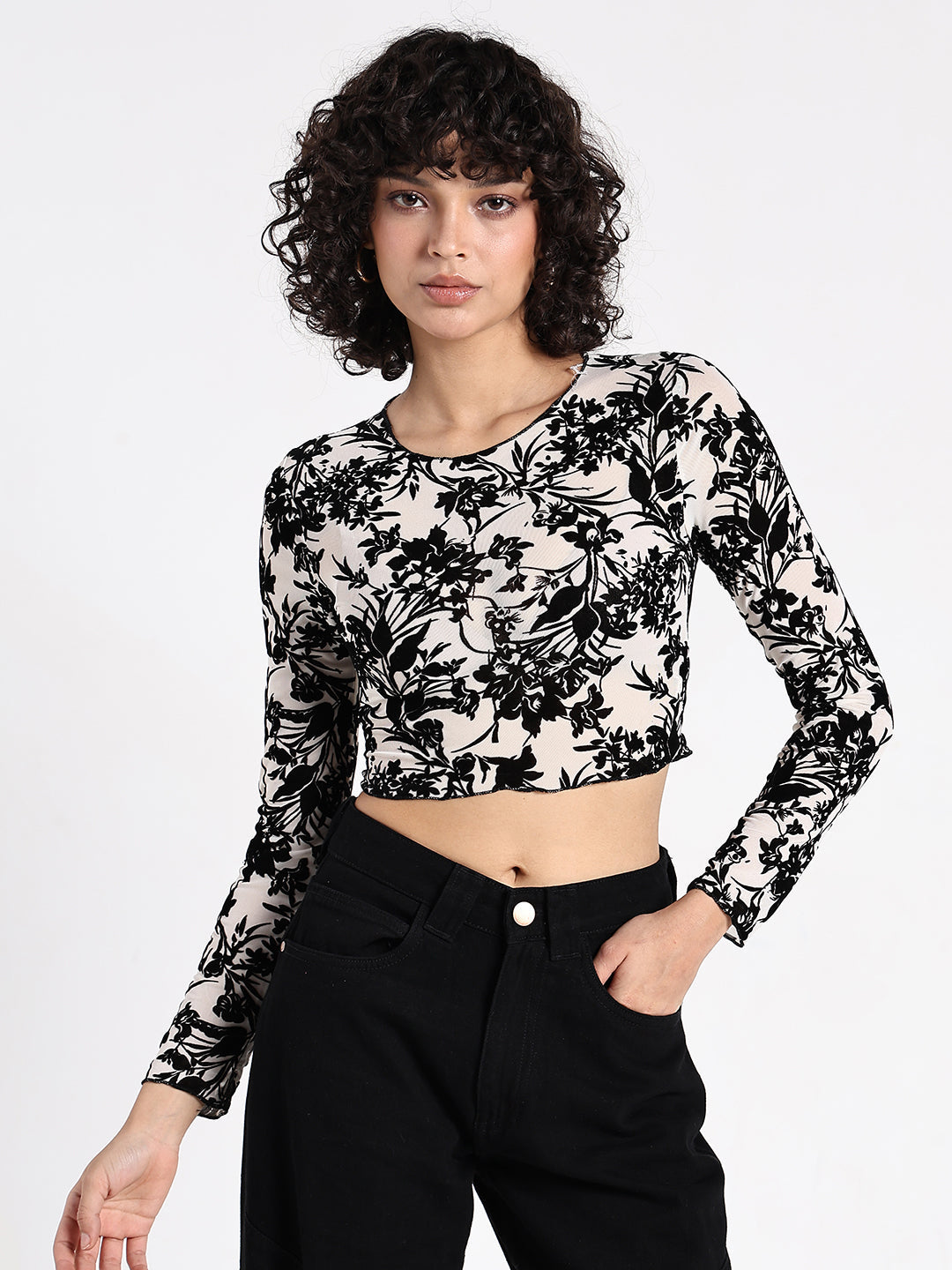 Women's Floral White Fitted Crop Top