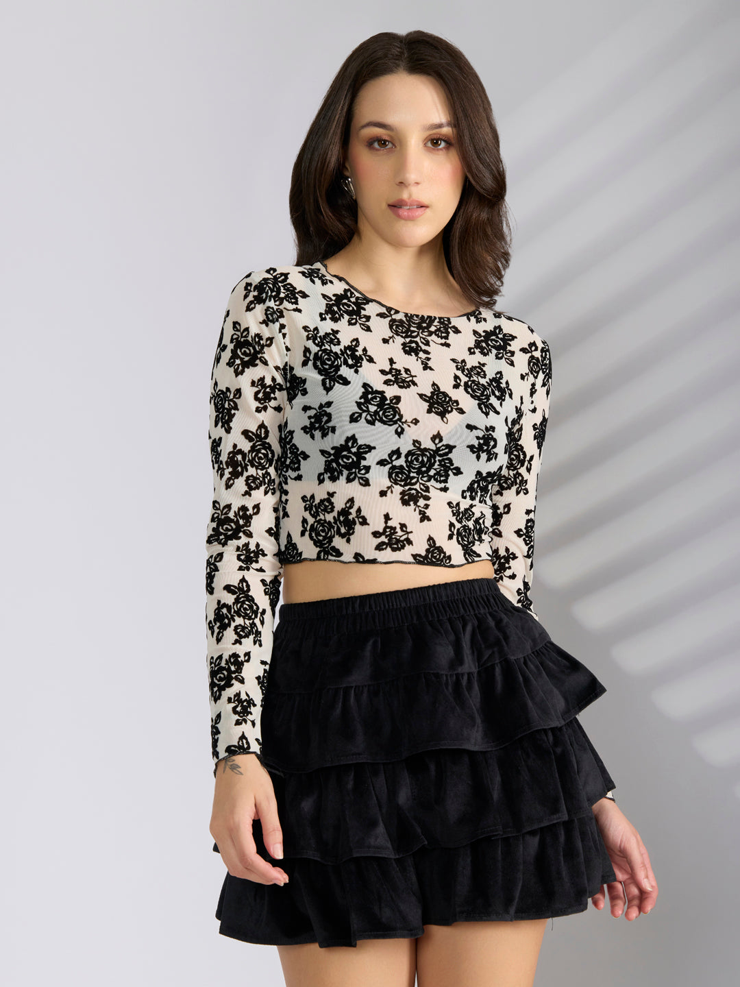 Women's Floral Off White Full Sleeve Mesh Crop Top