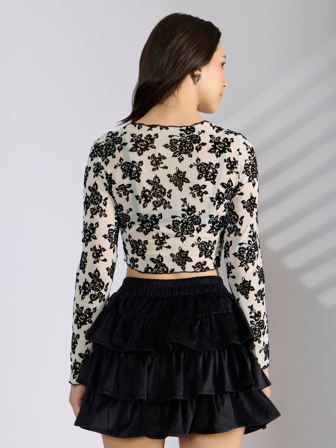 Women's Floral Off White Full Sleeve Mesh Crop Top
