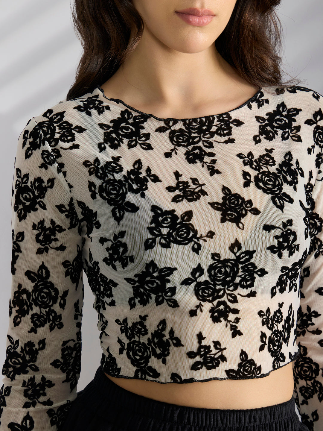 Women's Floral Off White Full Sleeve Mesh Crop Top