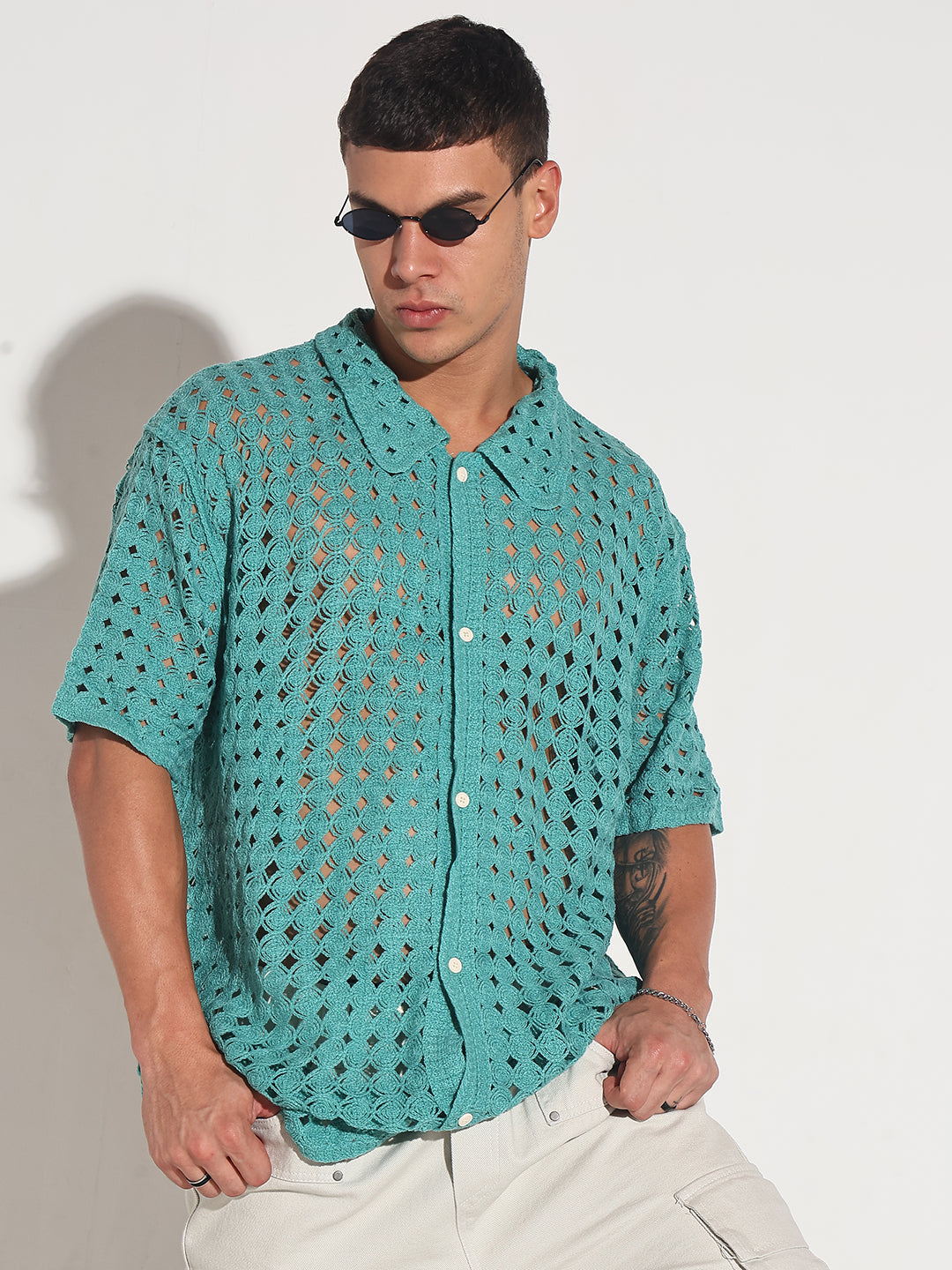 Men's Blue Crochet Open Weave Short Sleeve Shirt