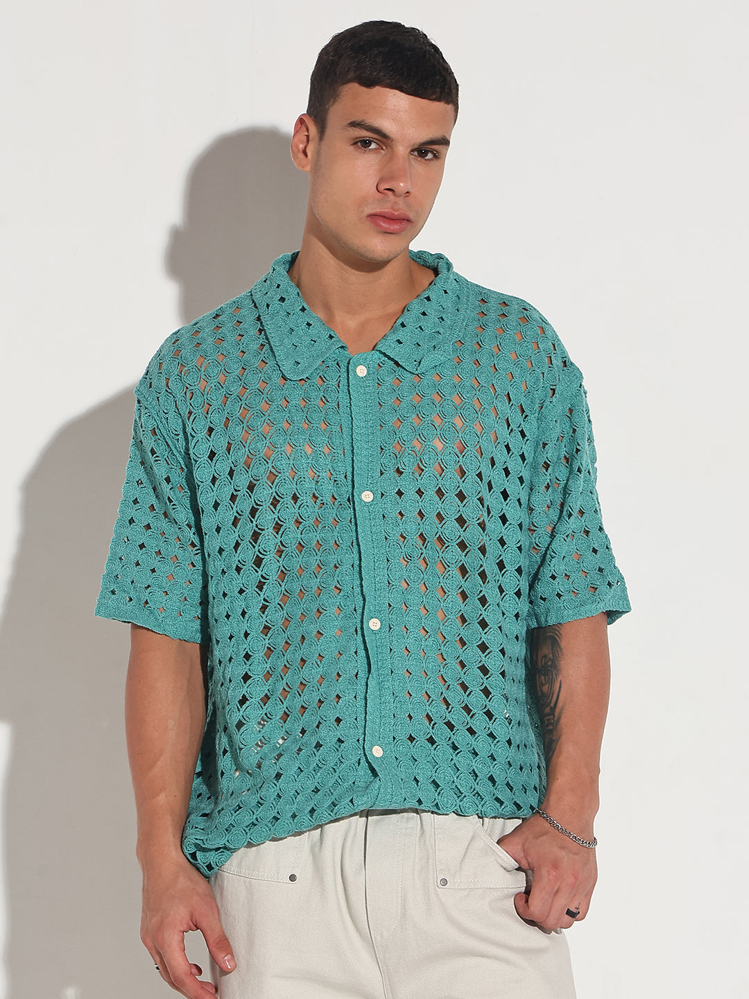 Men's Blue Crochet Open Weave Short Sleeve Shirt