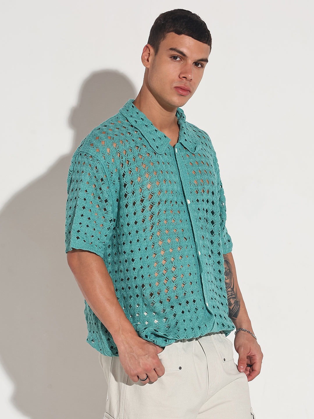 Men's Blue Crochet Open Weave Short Sleeve Shirt
