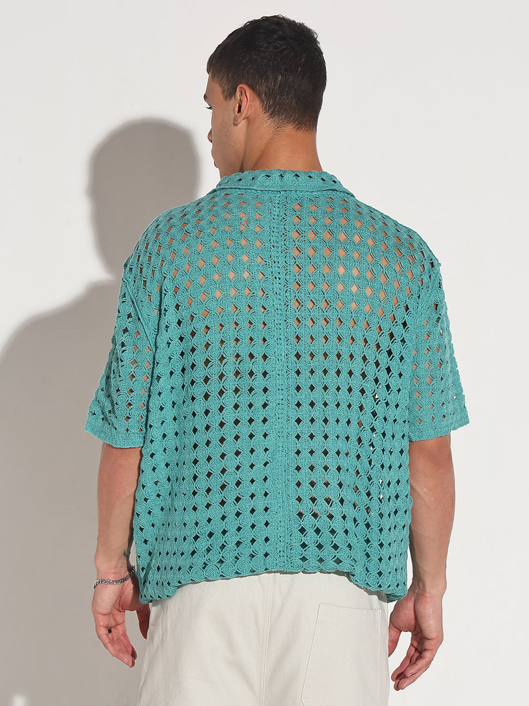 Men's Blue Crochet Open Weave Short Sleeve Shirt