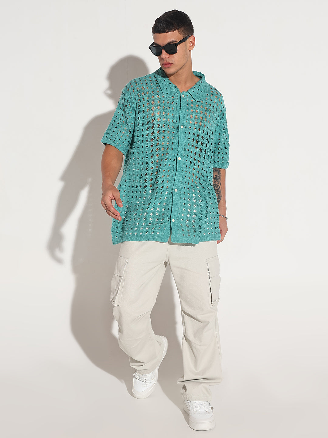 Men's Blue Crochet Open Weave Short Sleeve Shirt