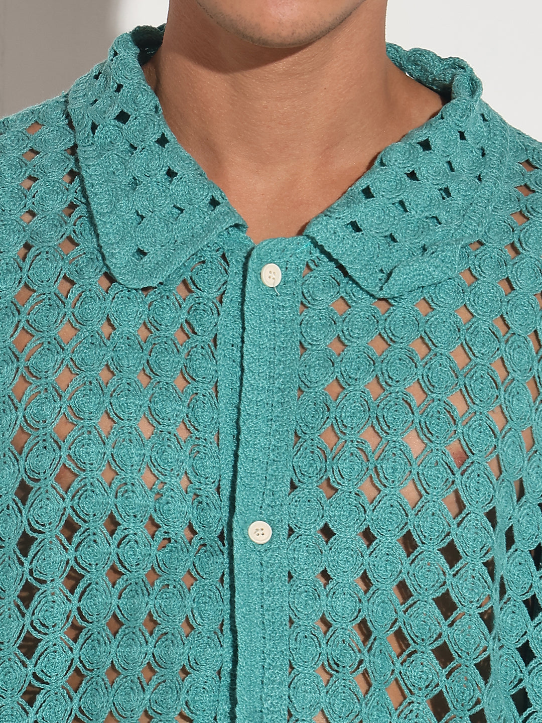 Men's Blue Crochet Open Weave Short Sleeve Shirt