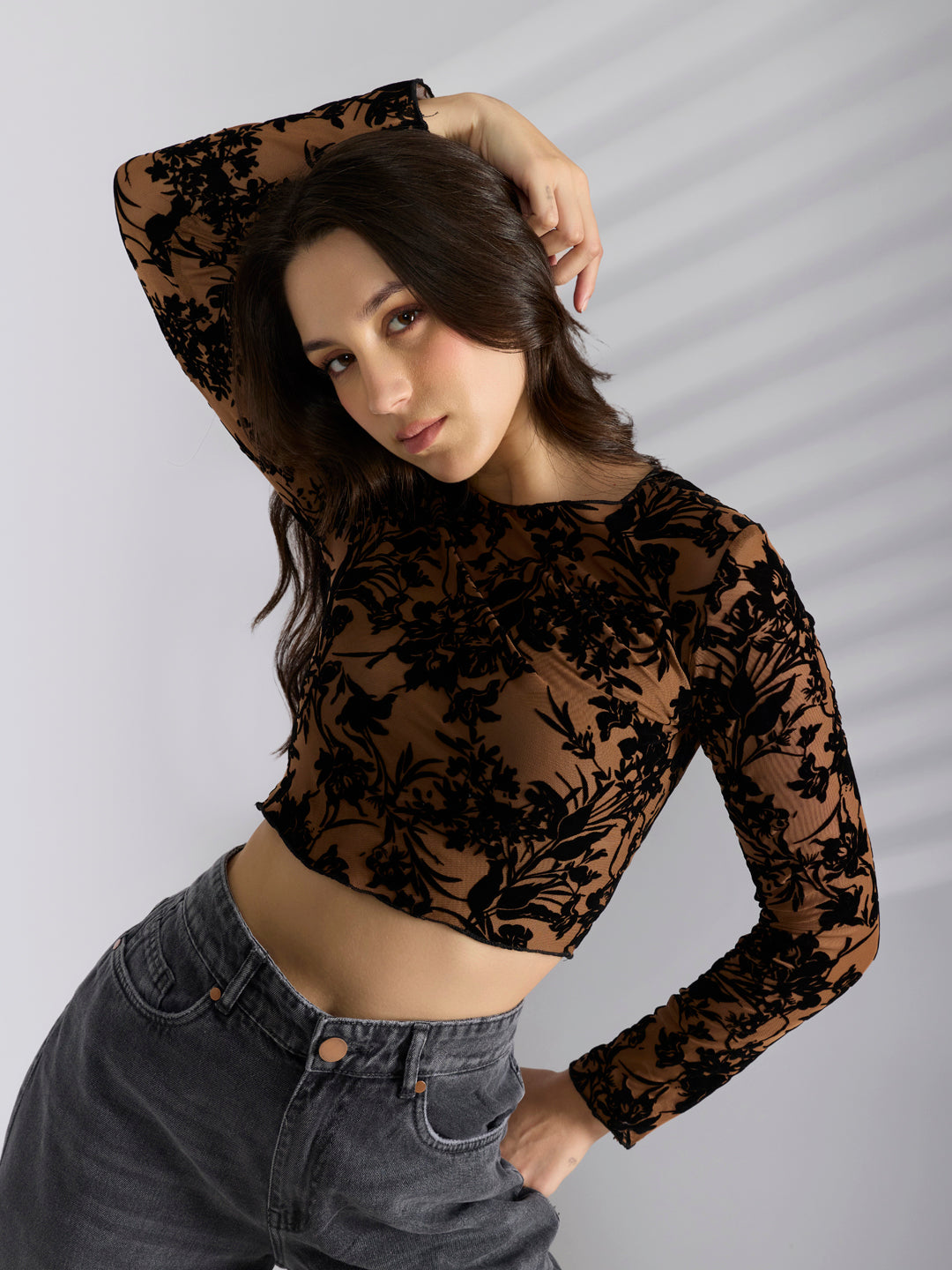 Women's Floral Brown Mesh Full Sleeve Top
