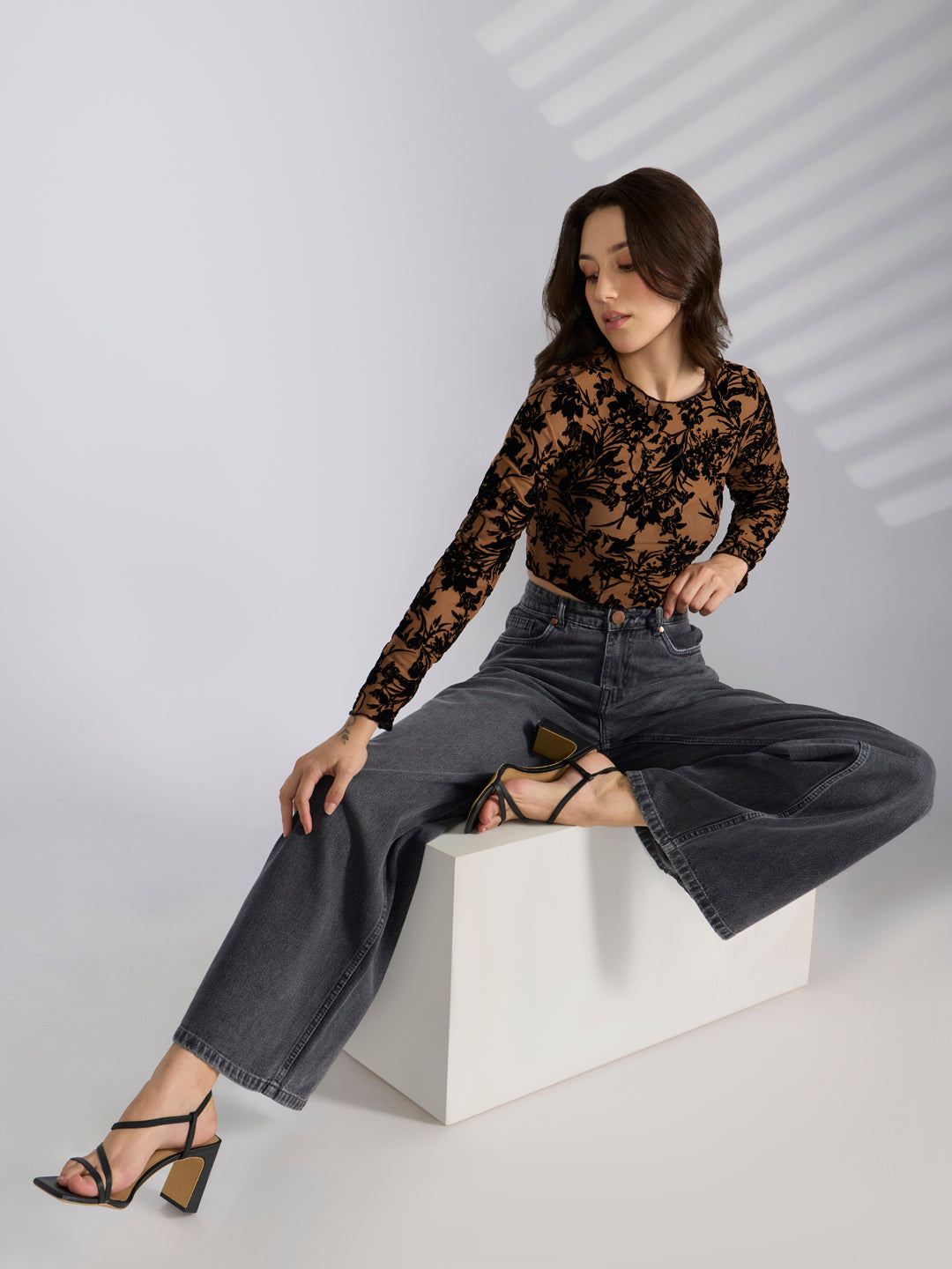 Women's Floral Brown Mesh Full Sleeve Top