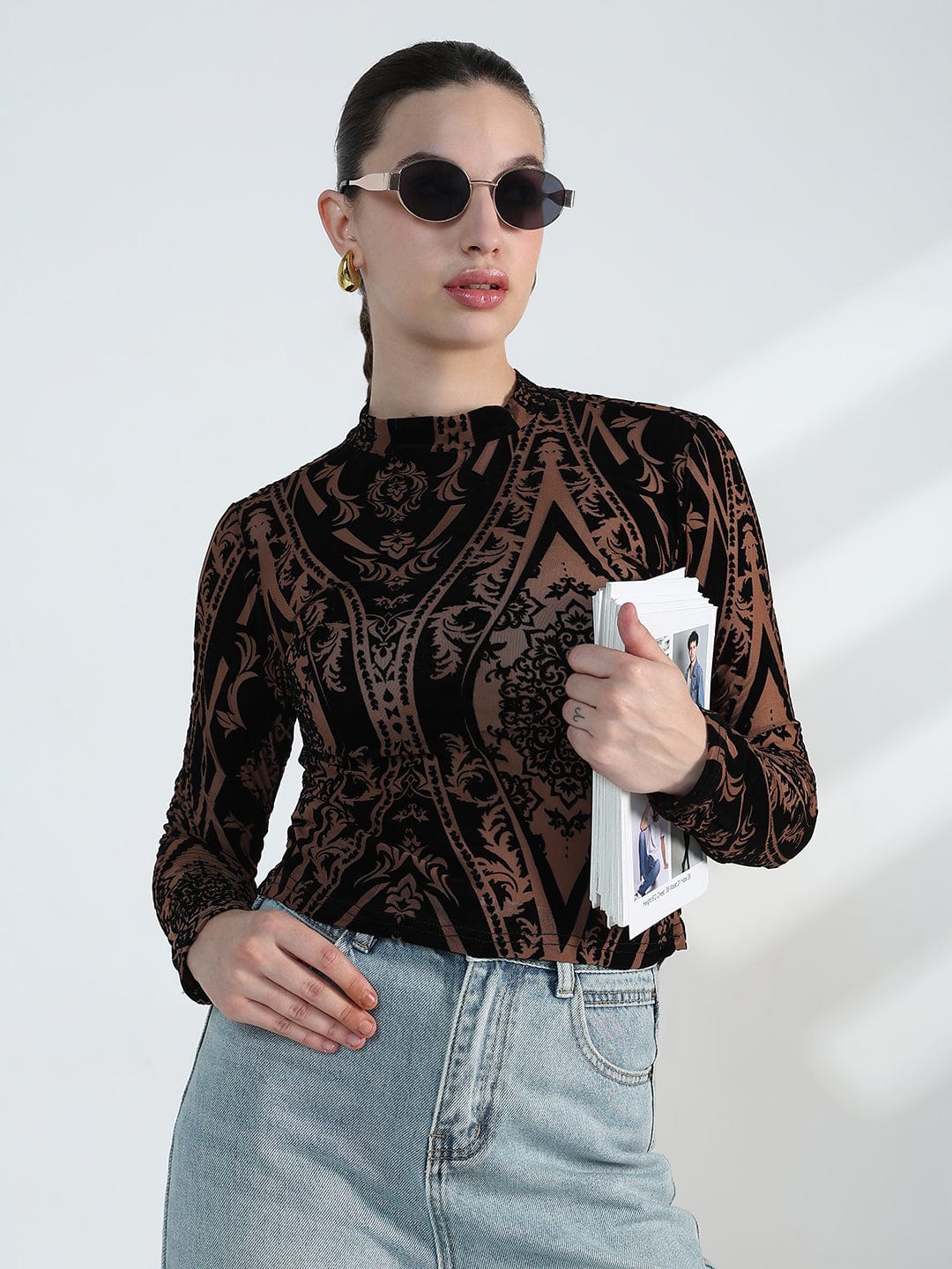 Women's Printed Brown Mesh Full Sleeve Top