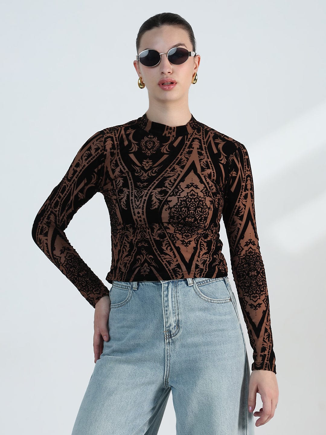 Women's Printed Brown Mesh Full Sleeve Top