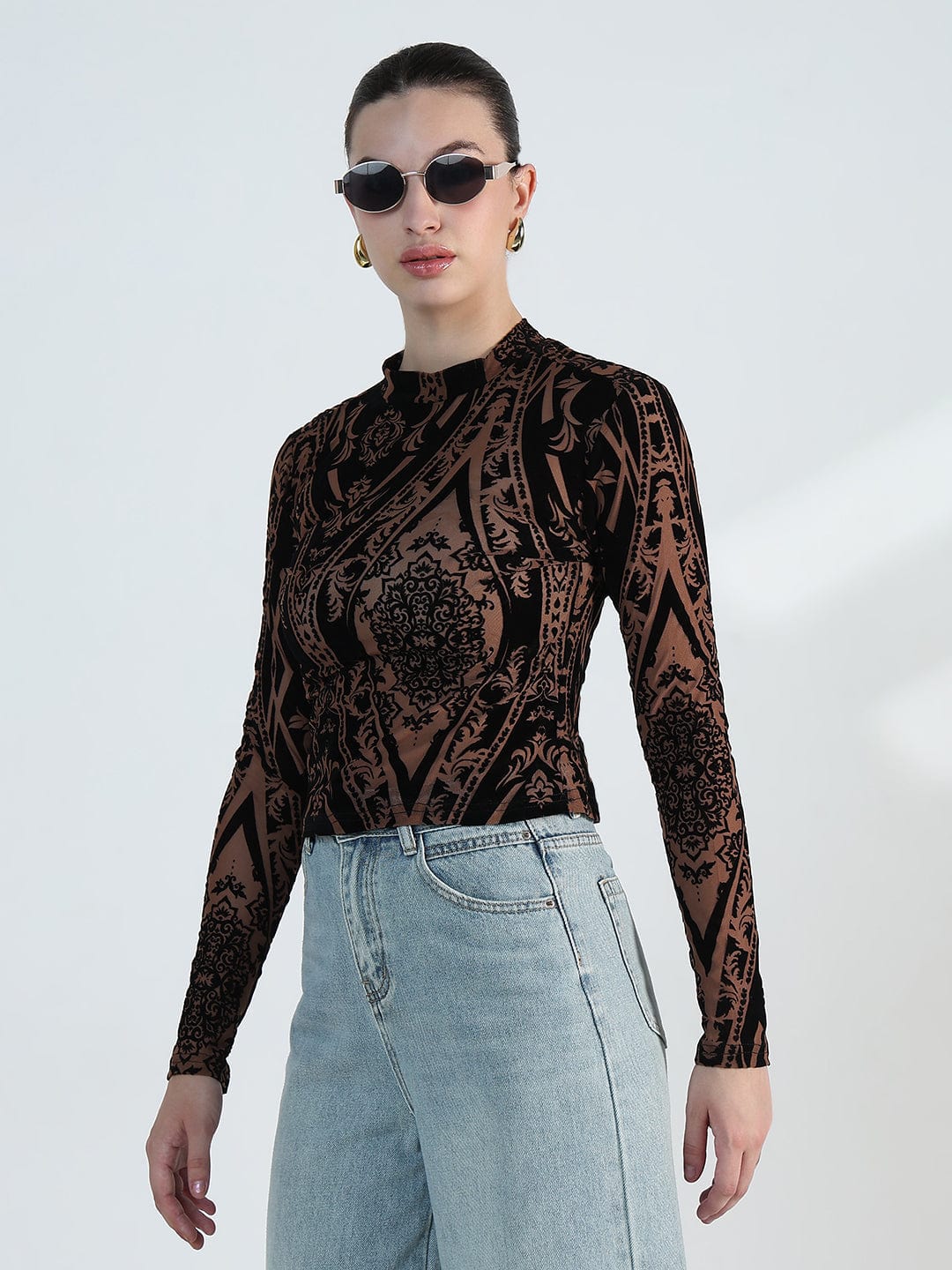 Women's Printed Brown Mesh Full Sleeve Top