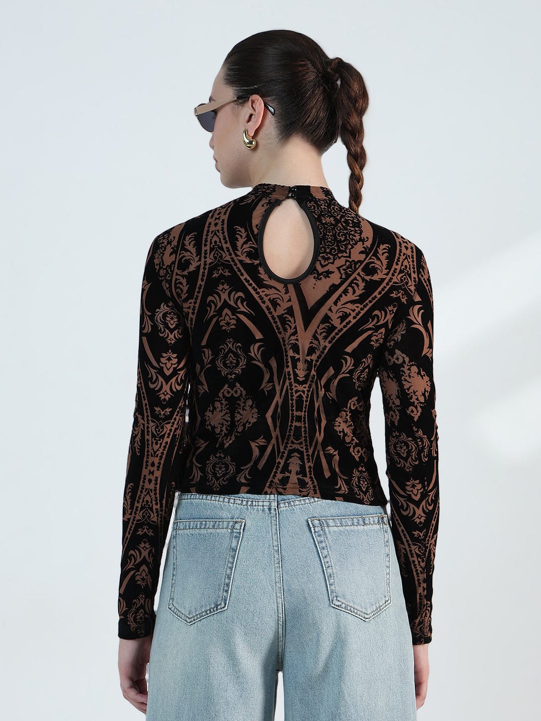 Women's Printed Brown Mesh Full Sleeve Top