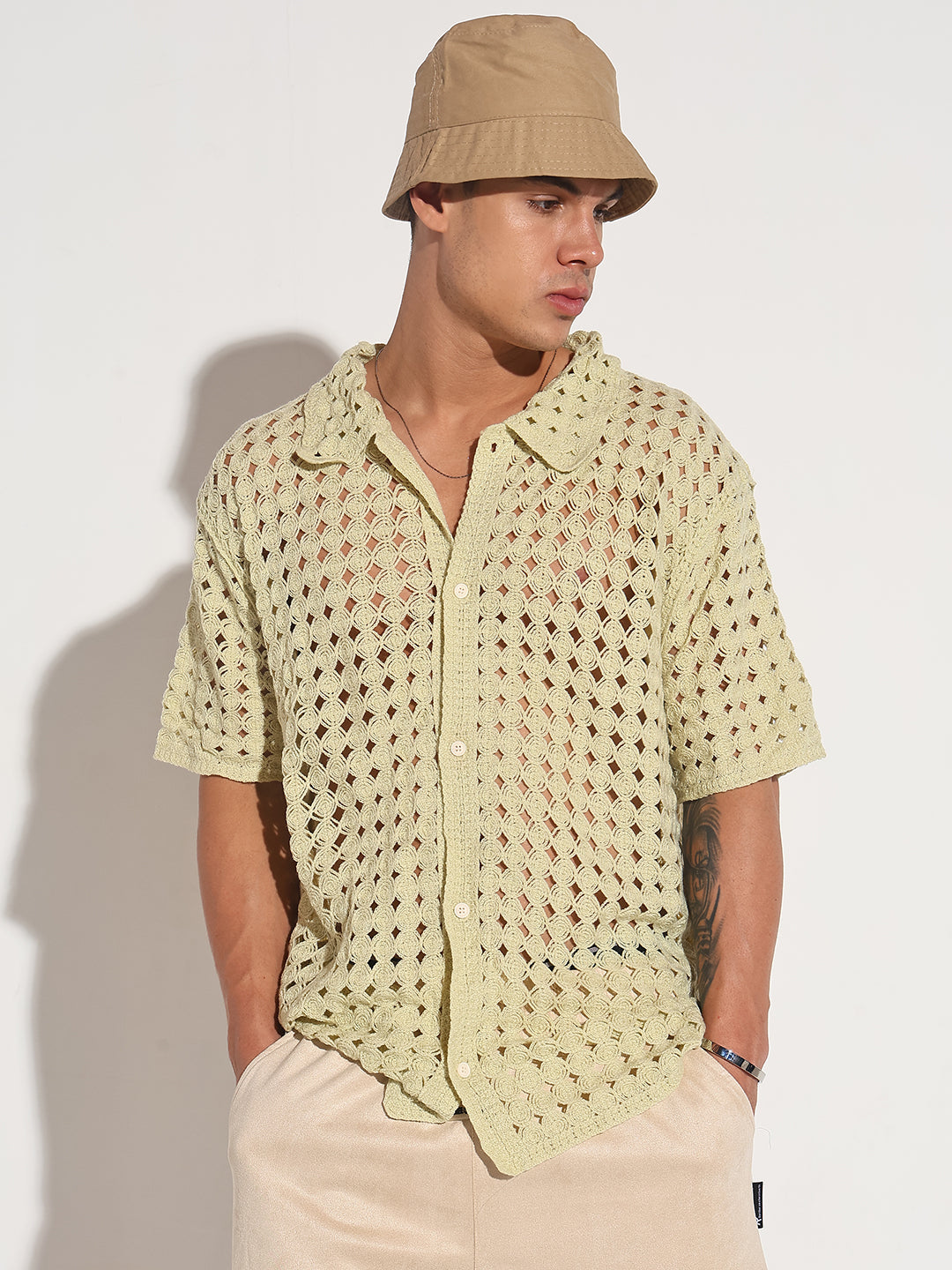 Men's Green Crochet Open Weave Short Sleeve Shirt