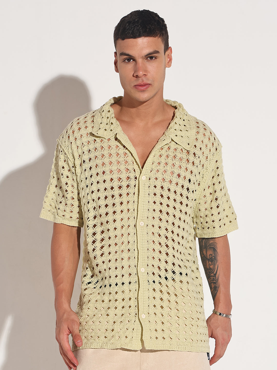 Men's Green Crochet Open Weave Short Sleeve Shirt