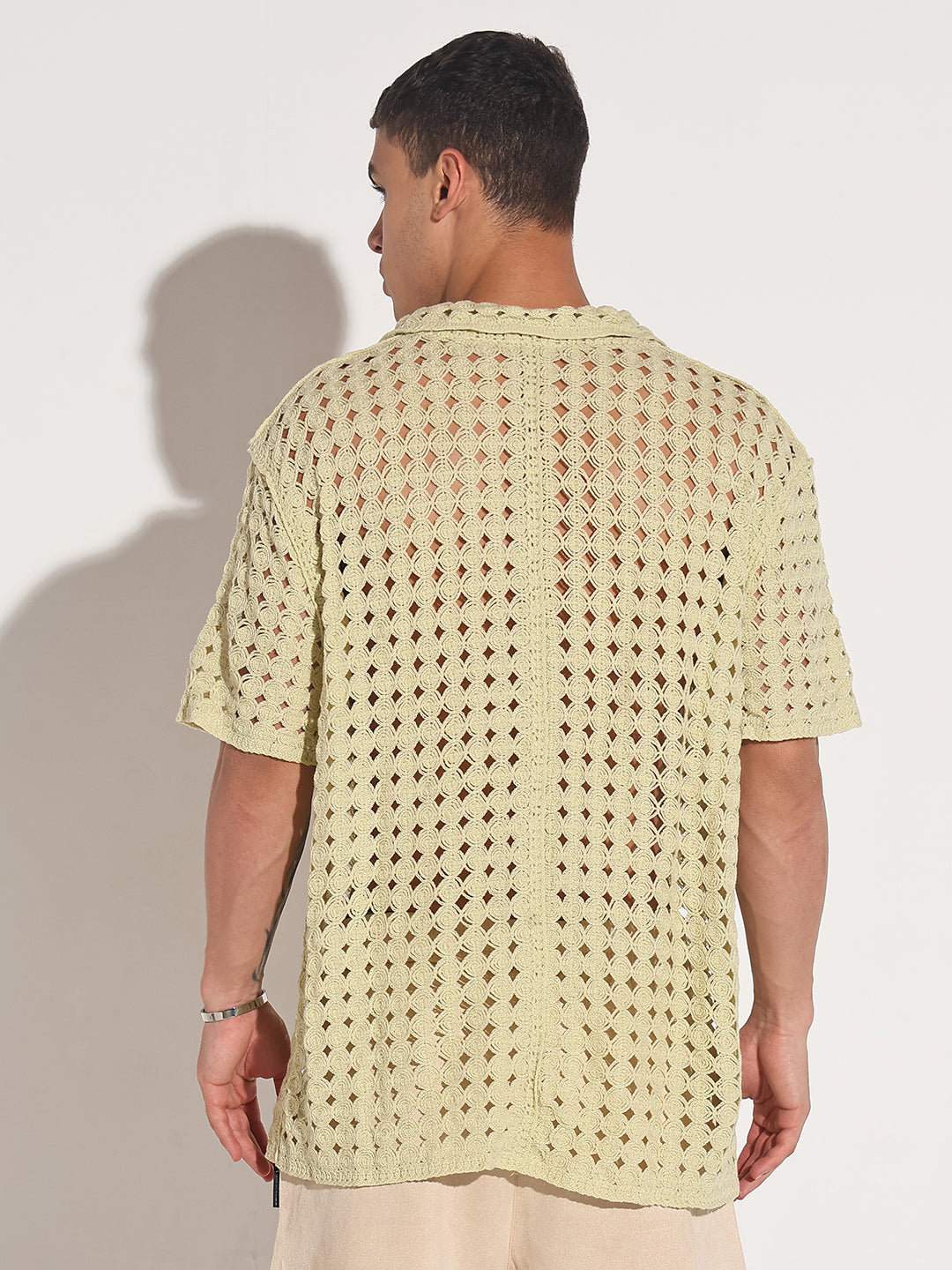 Men's Green Crochet Open Weave Short Sleeve Shirt