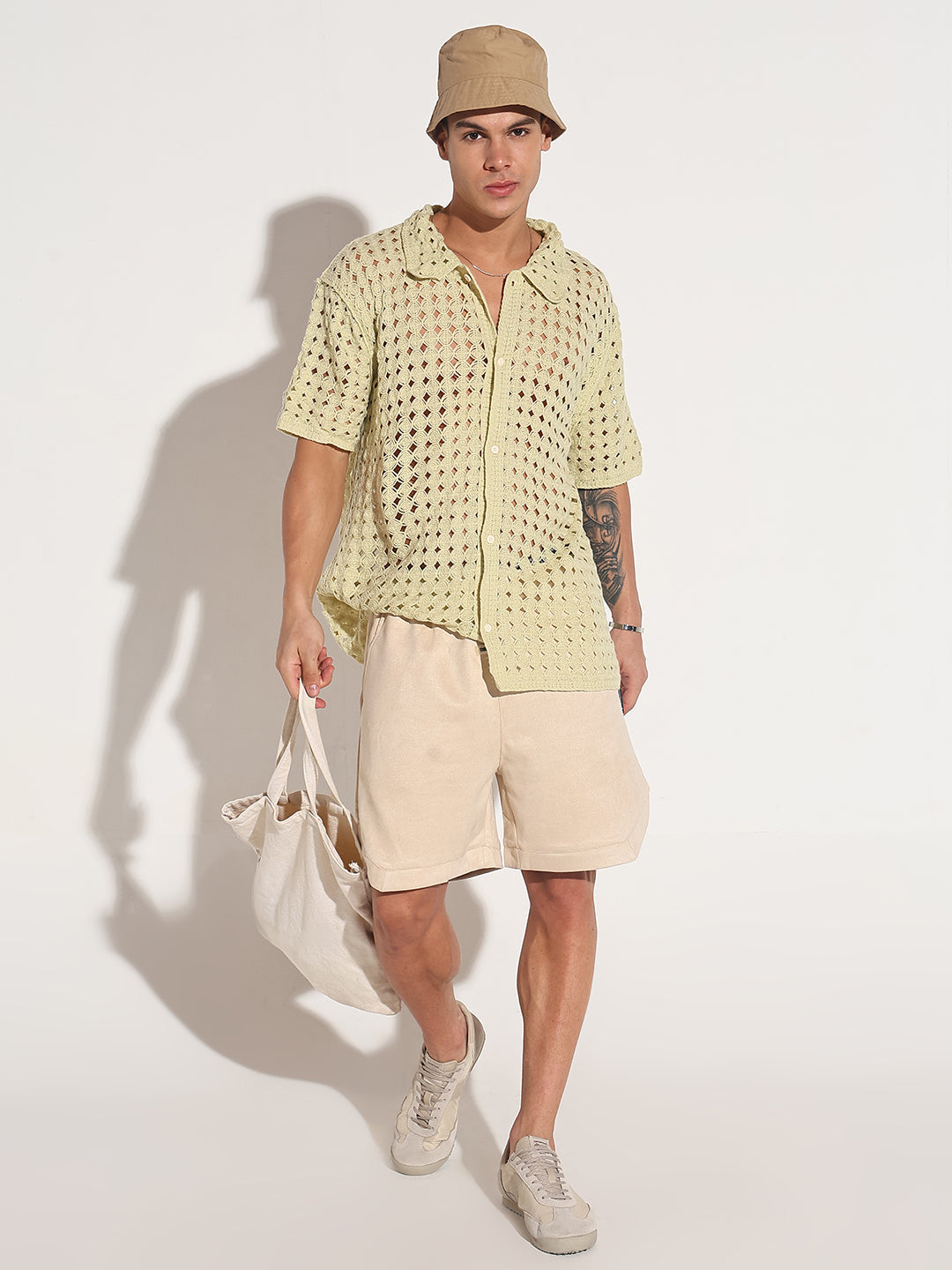 Men's Green Crochet Open Weave Short Sleeve Shirt