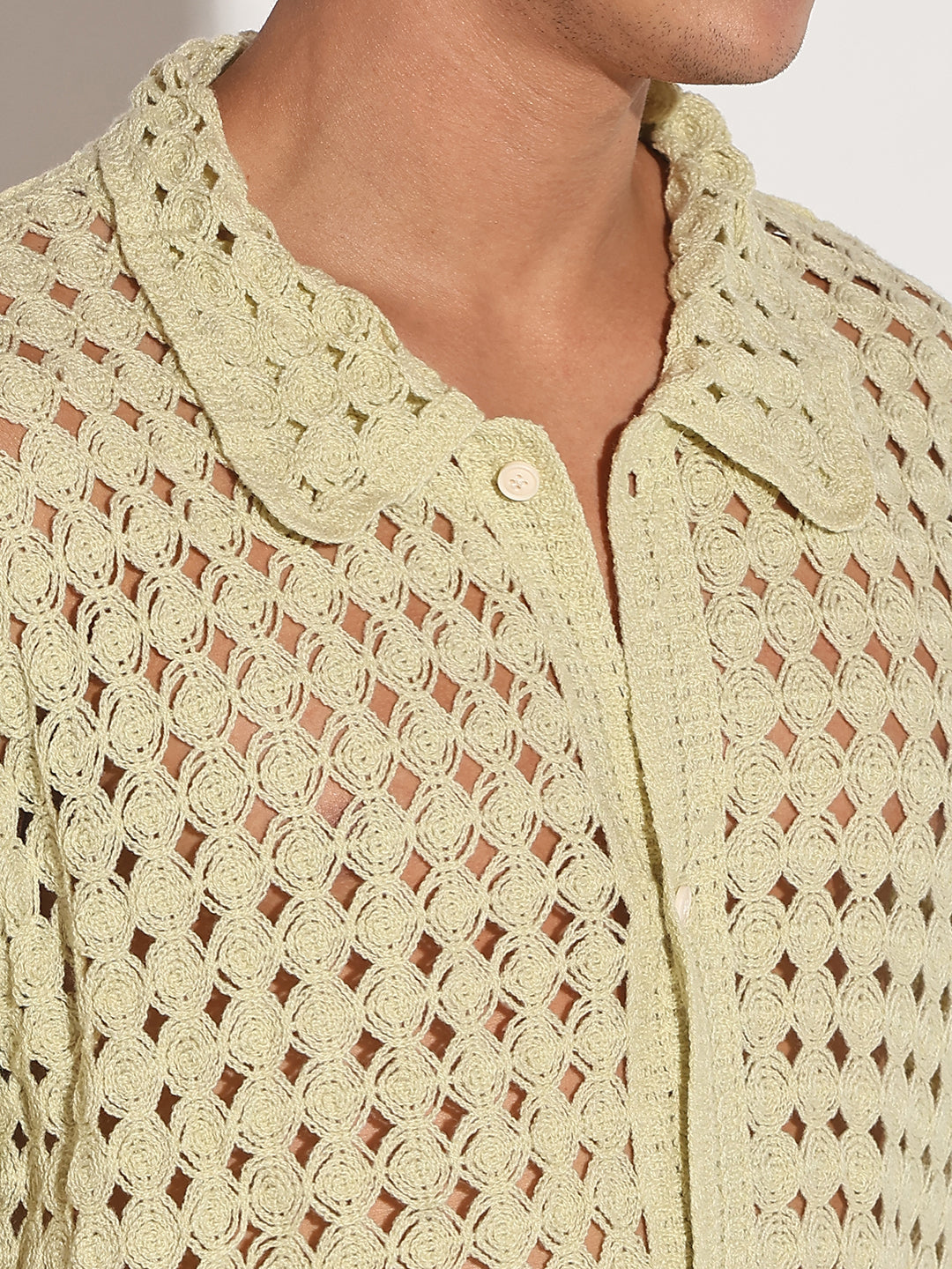 Men's Green Crochet Open Weave Short Sleeve Shirt