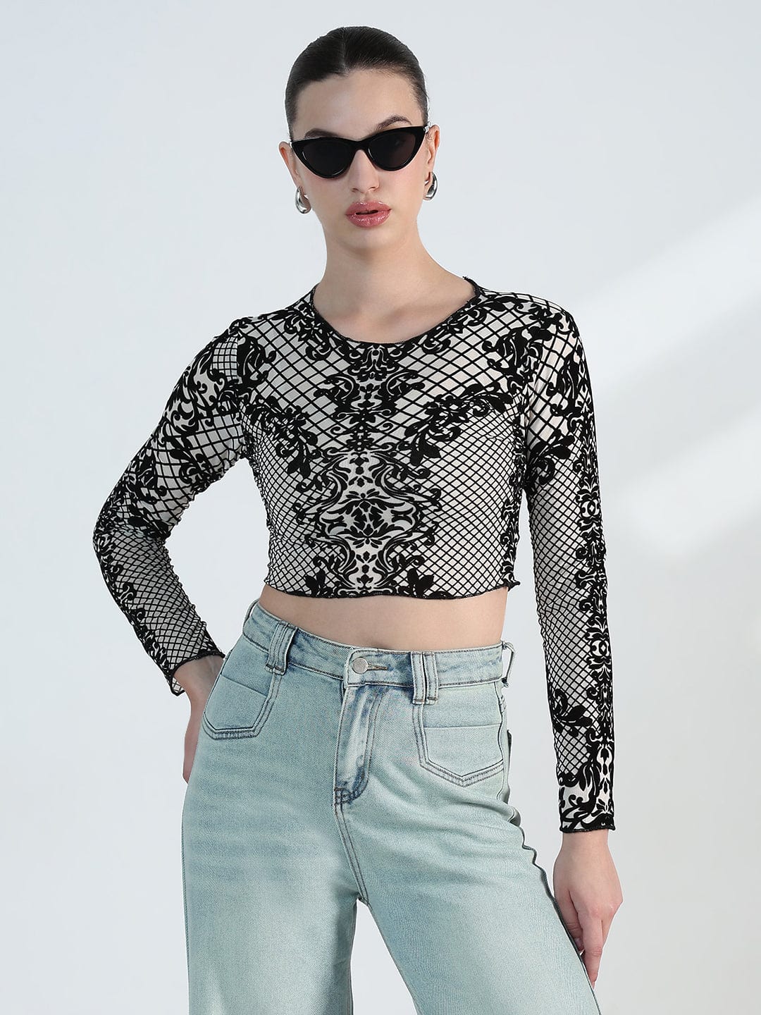 Women's Printed White Geometric Mesh Crop Top