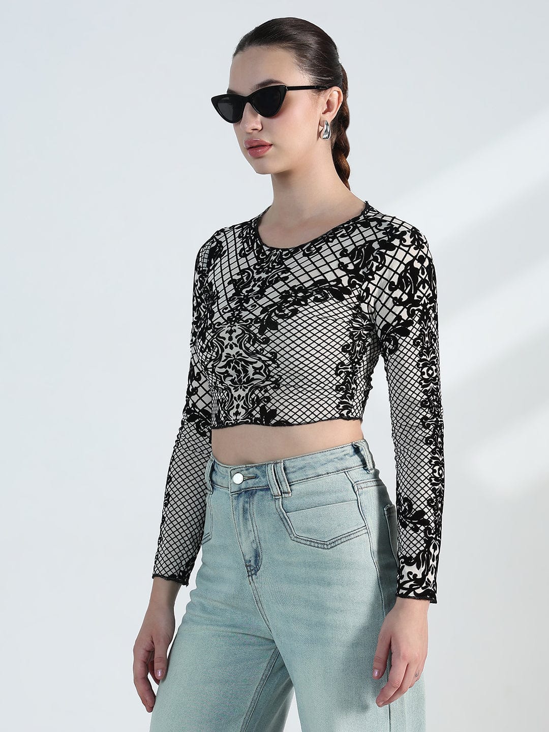 Women's Printed White Geometric Mesh Crop Top