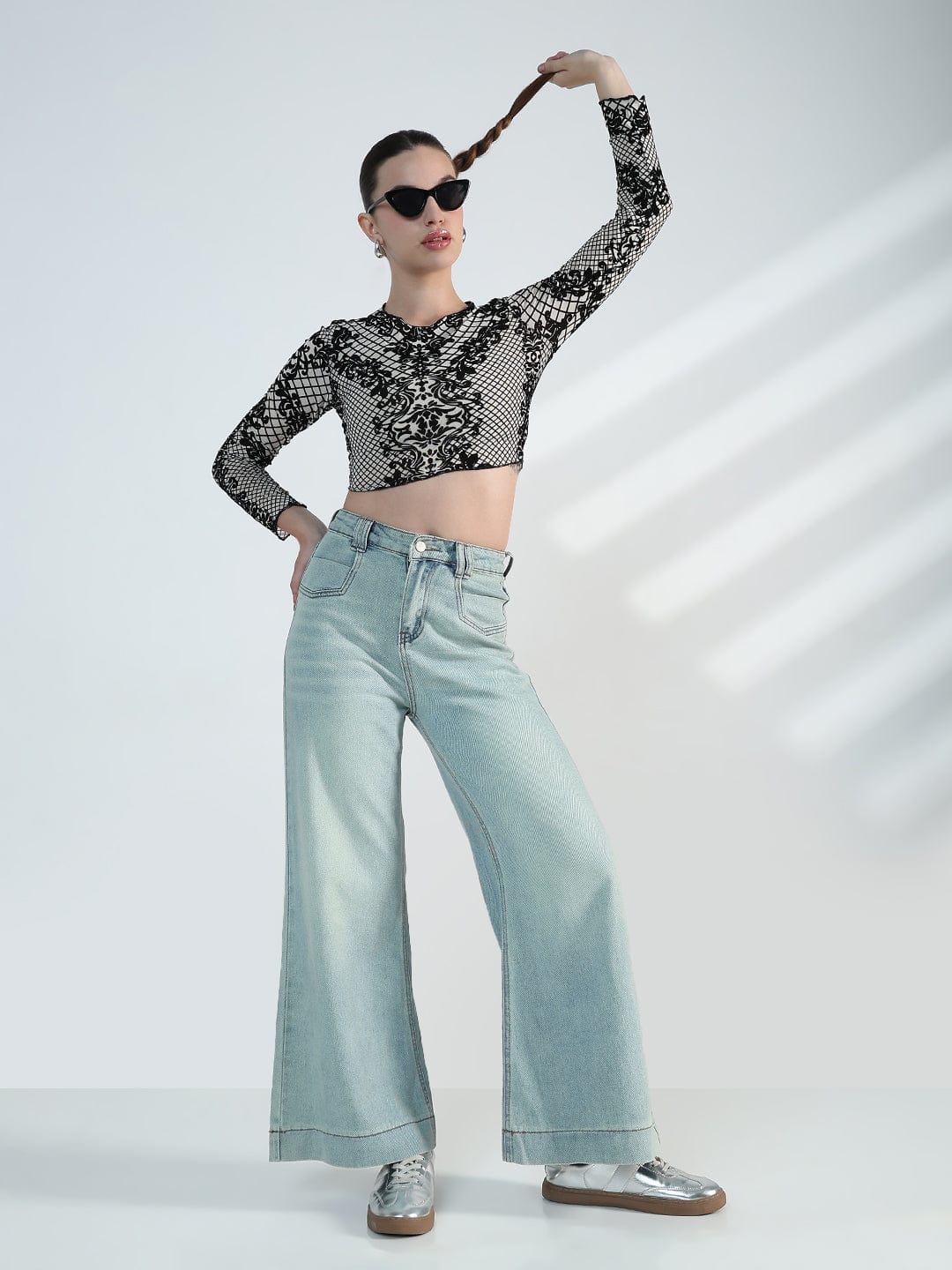 Women's Printed White Geometric Mesh Crop Top