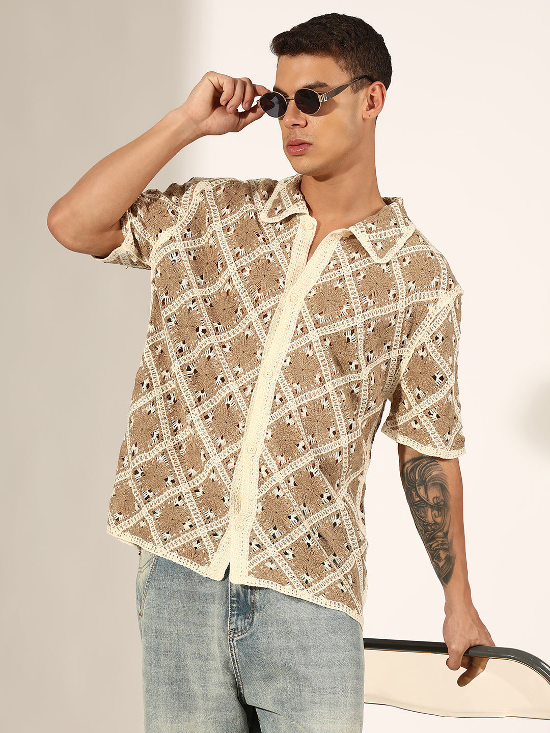 Men's Beige Crochet Knit Short Sleeve Button-Down Shirt