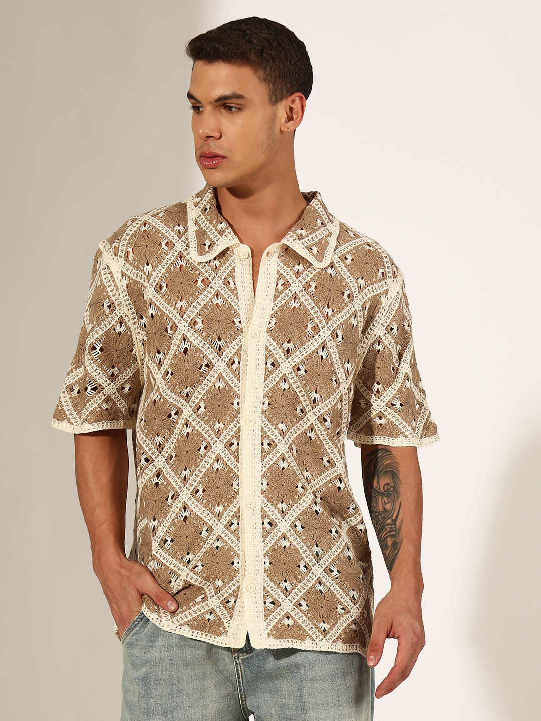 Men's Beige Crochet Knit Short Sleeve Button-Down Shirt