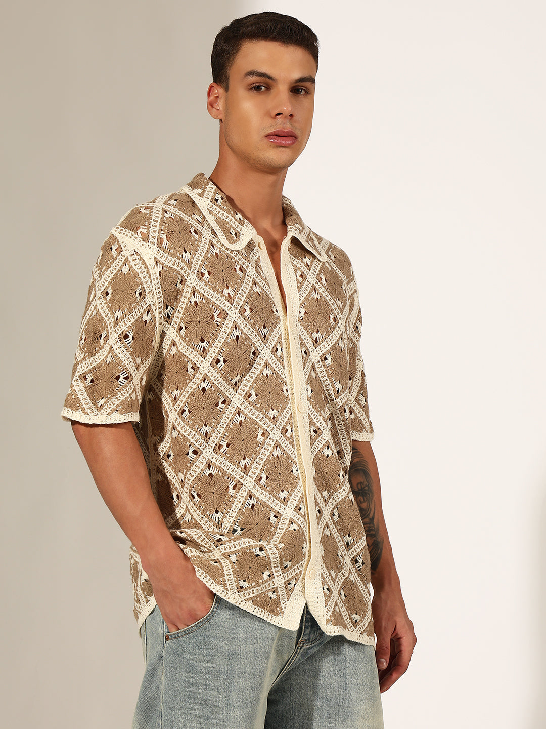 Men's Beige Crochet Knit Short Sleeve Button-Down Shirt