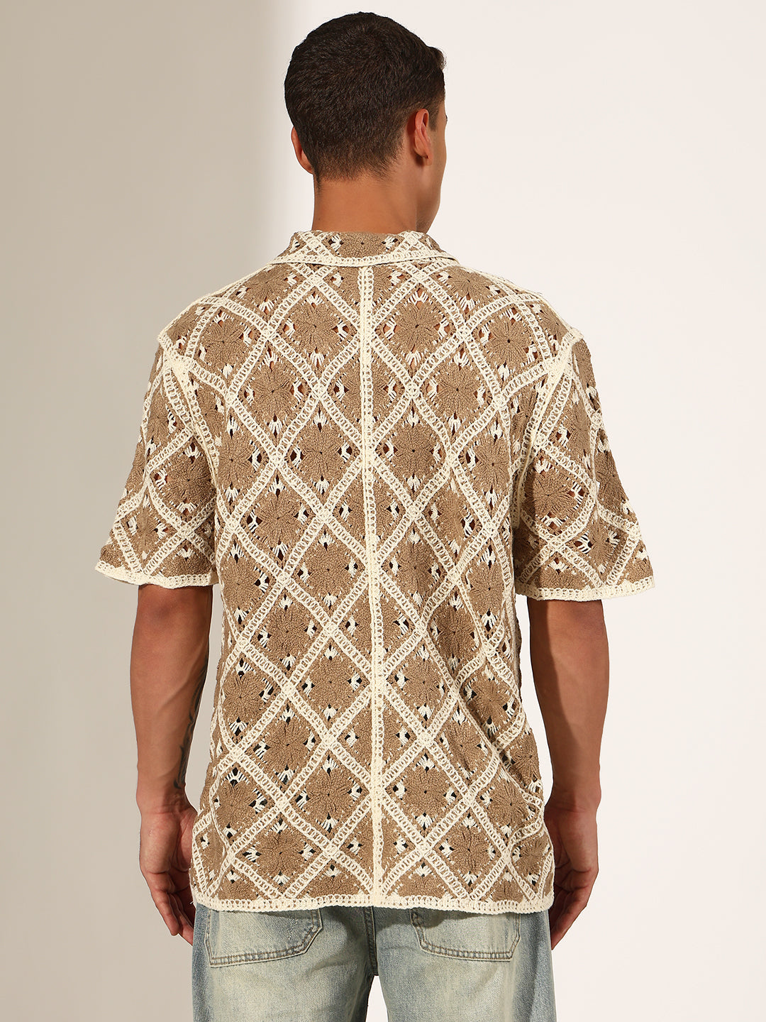 Men's Beige Crochet Knit Short Sleeve Button-Down Shirt