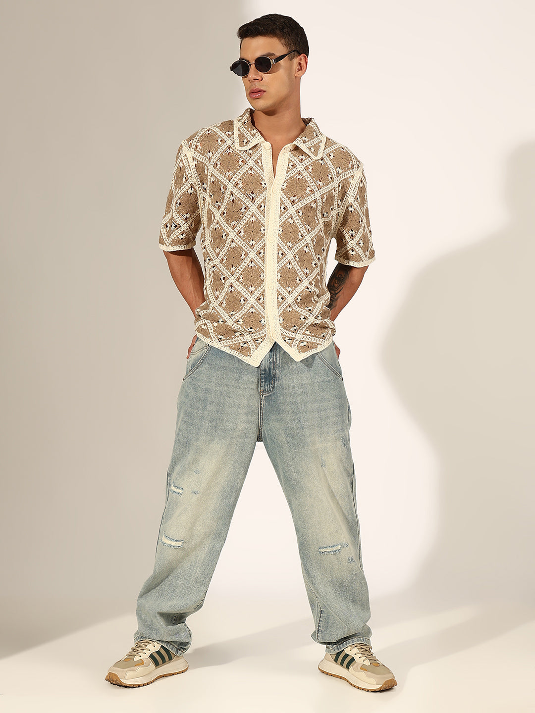 Men's Beige Crochet Knit Short Sleeve Button-Down Shirt