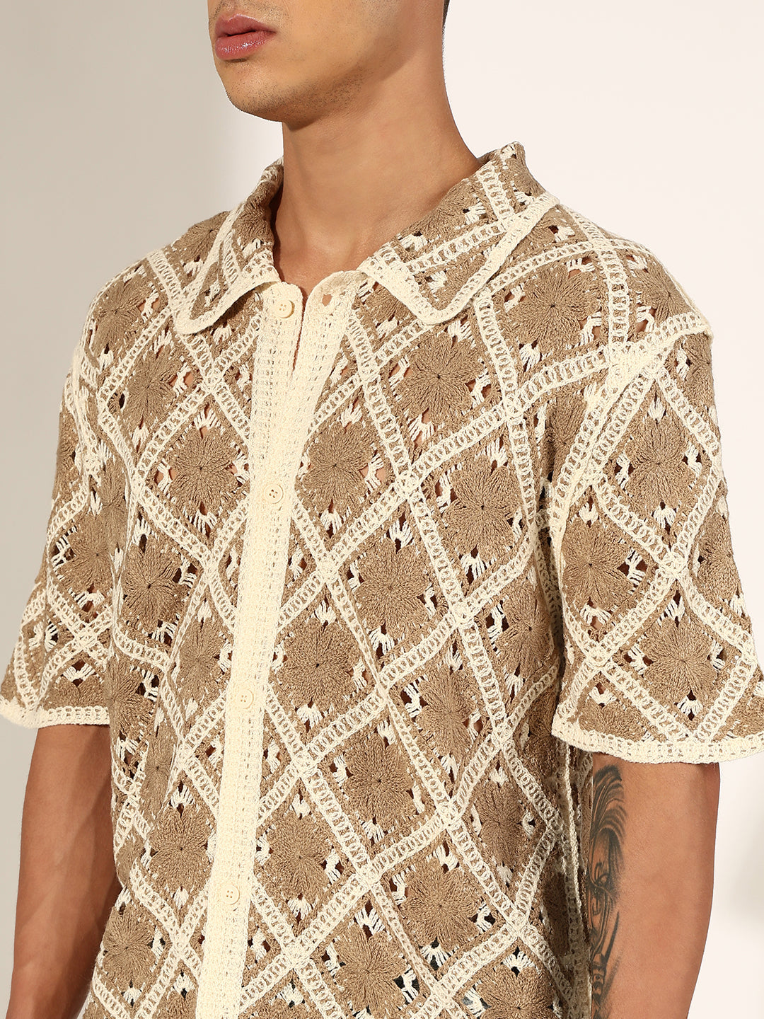 Men's Beige Crochet Knit Short Sleeve Button-Down Shirt
