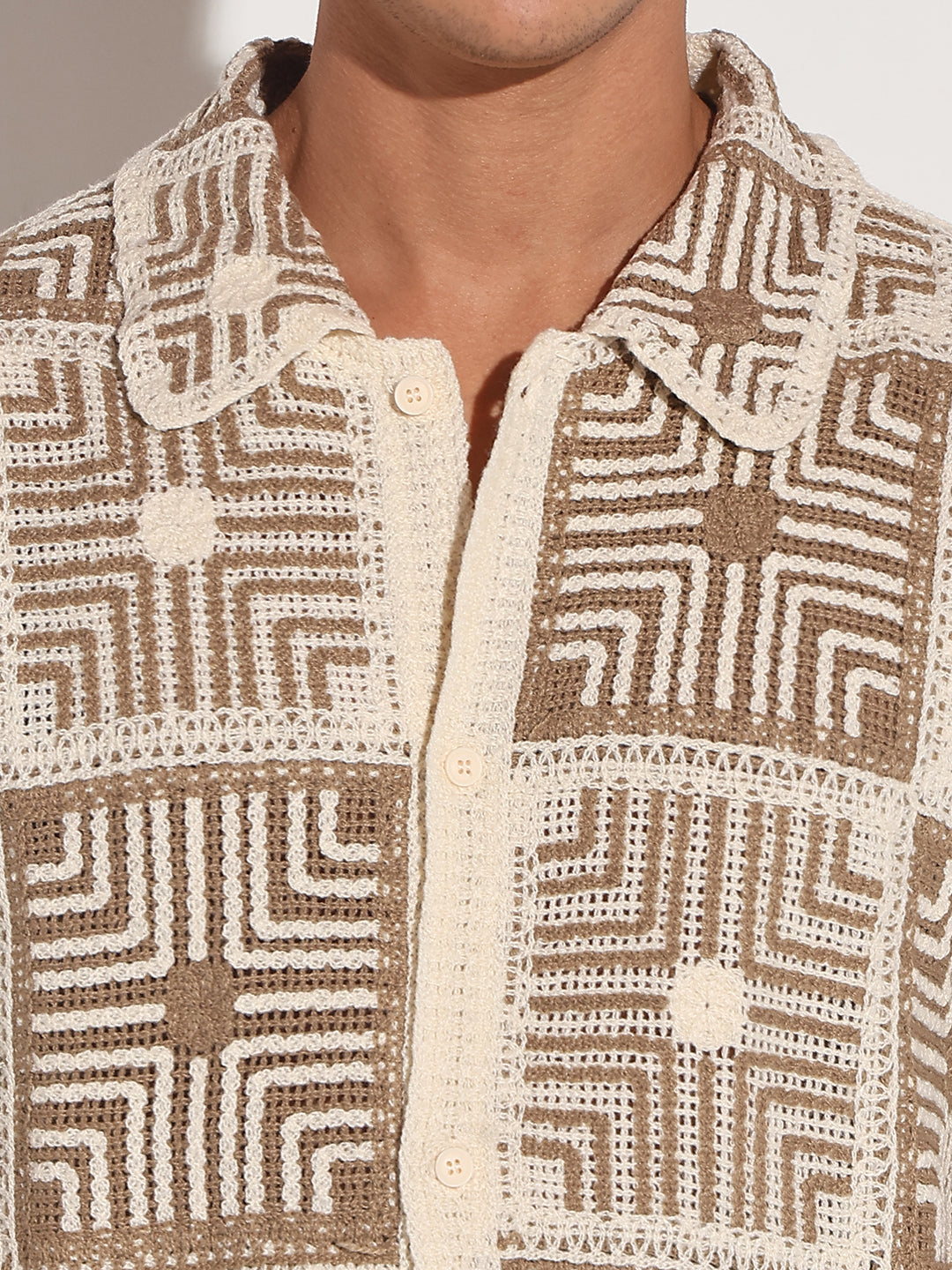 Men's Beige Crochet Geometric Pattern Short Sleeve Shirt