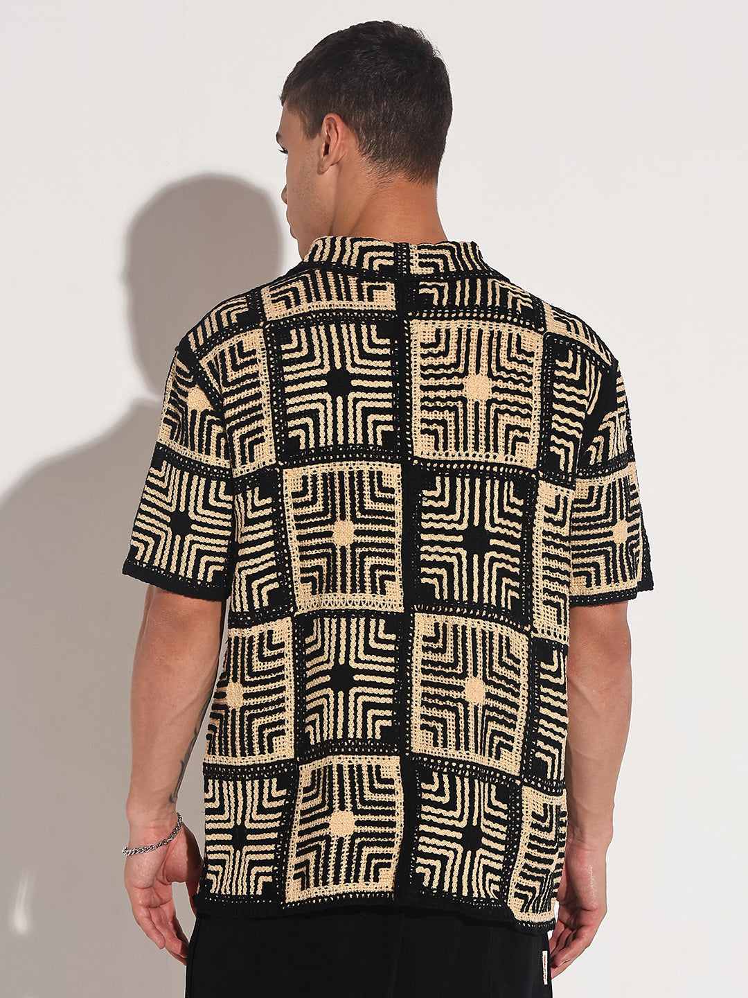 Men's Black Crochet Geometric Pattern Short Sleeve Shirt