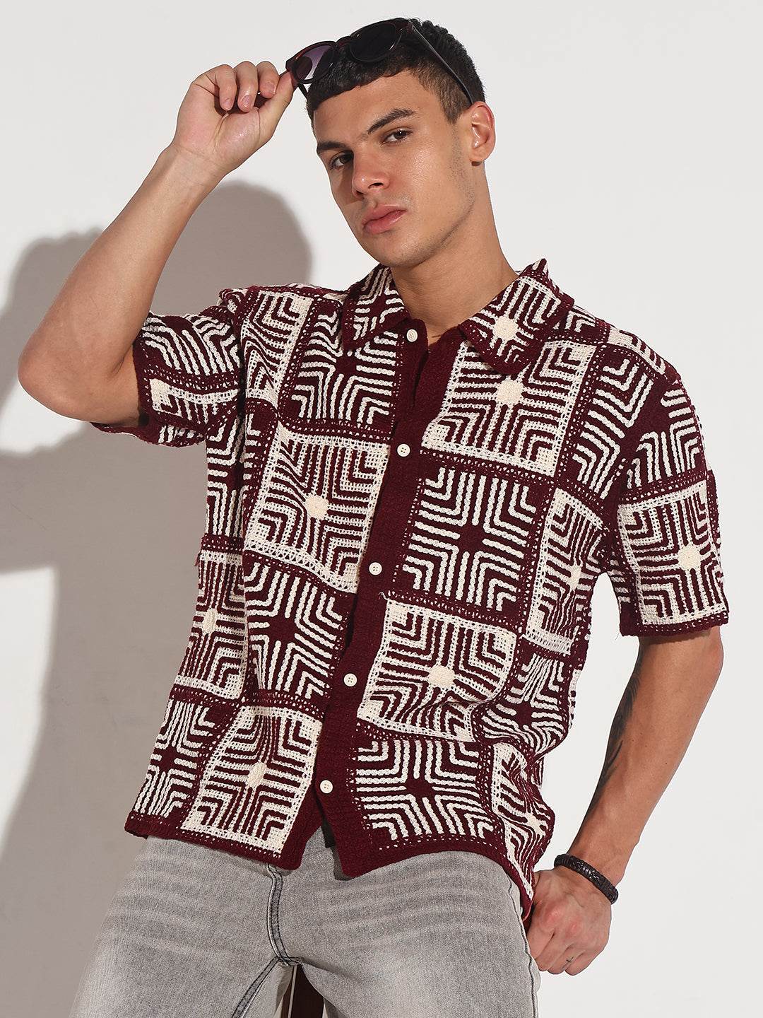 Men's Maroon Crochet Geometric Pattern Short Sleeve Shirt