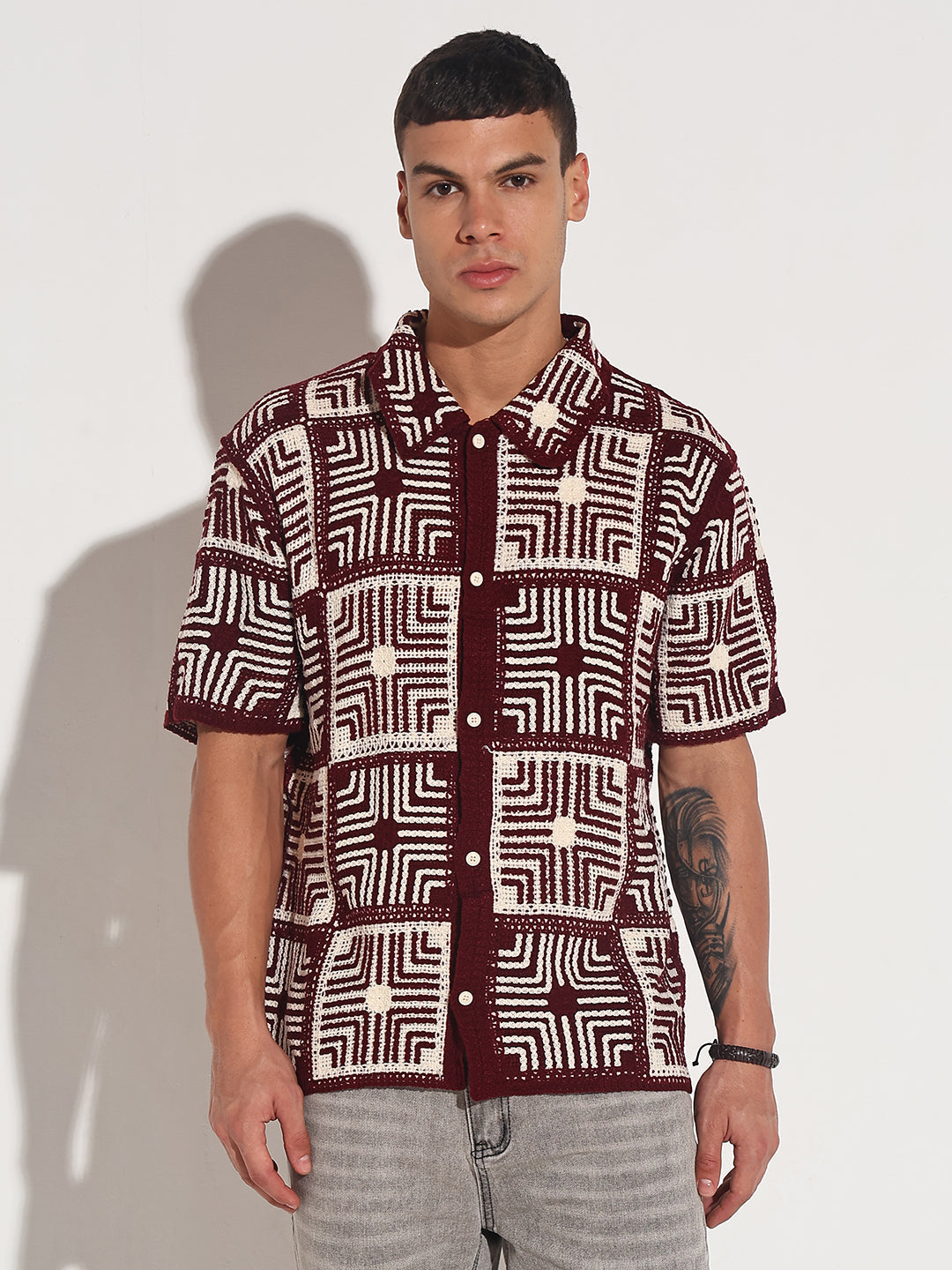 Men's Maroon Crochet Geometric Pattern Short Sleeve Shirt