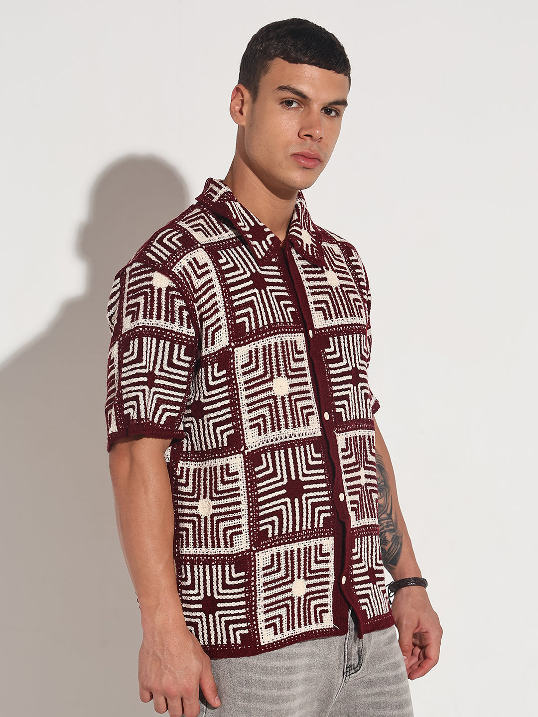 Men's Maroon Crochet Geometric Pattern Short Sleeve Shirt