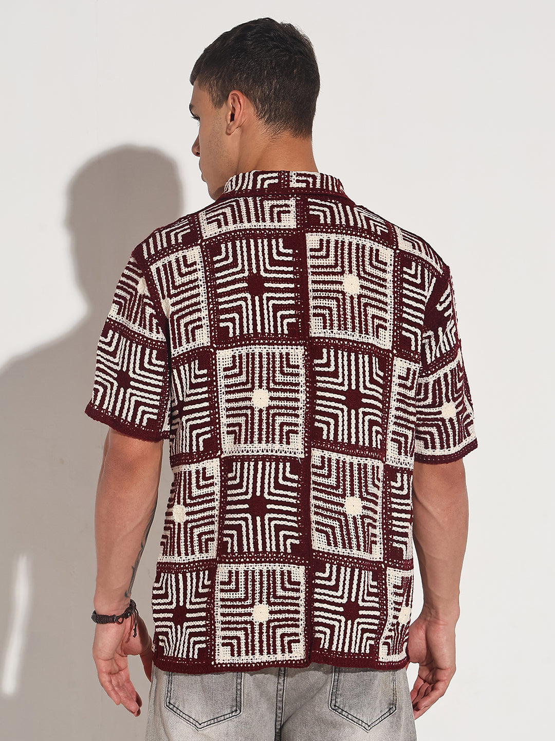 Men's Maroon Crochet Geometric Pattern Short Sleeve Shirt