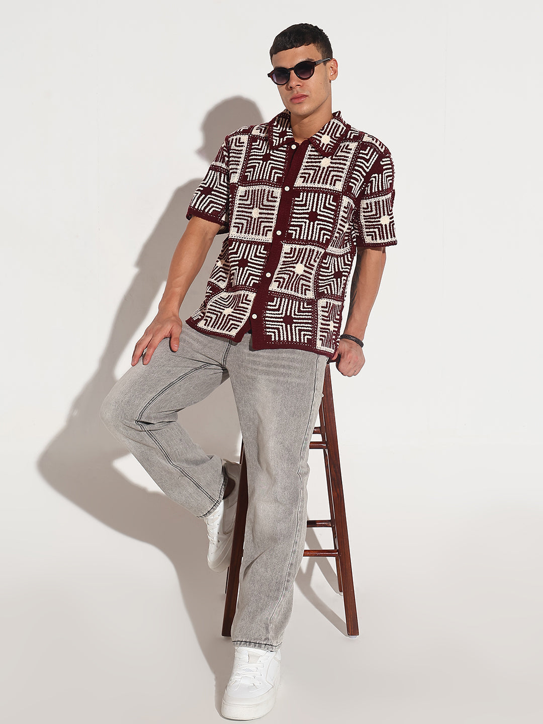 Men's Maroon Crochet Geometric Pattern Short Sleeve Shirt
