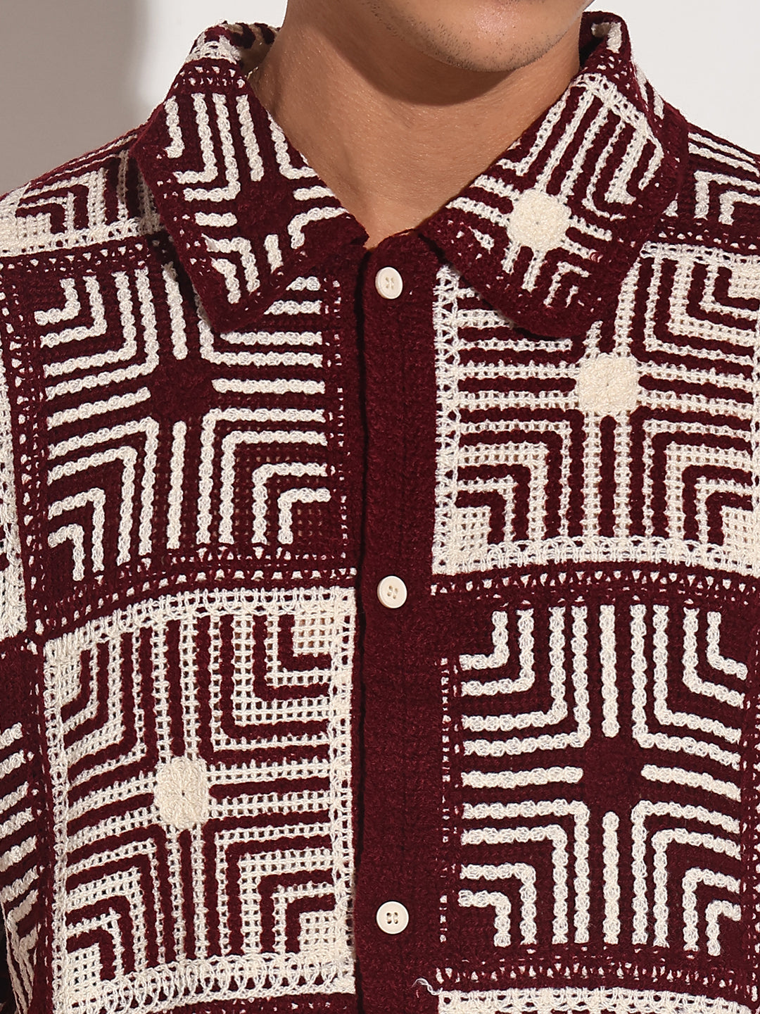 Men's Maroon Crochet Geometric Pattern Short Sleeve Shirt