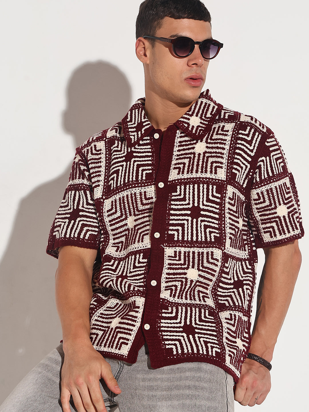 Men's Maroon Crochet Geometric Pattern Short Sleeve Shirt