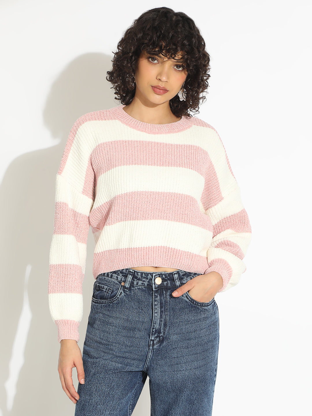 Women's Knitted White & Pink Striped Drop Shoulder Pullover Top