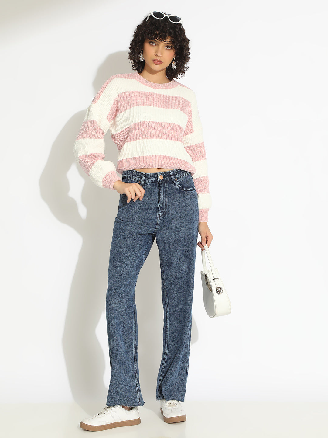 Women's Knitted White & Pink Striped Drop Shoulder Pullover Top