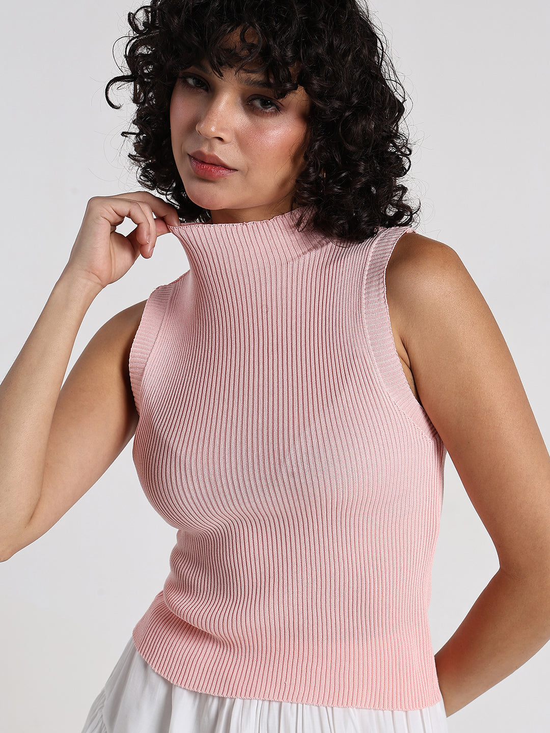 Women's Peach Ribbed Sleeveless High Neck Top