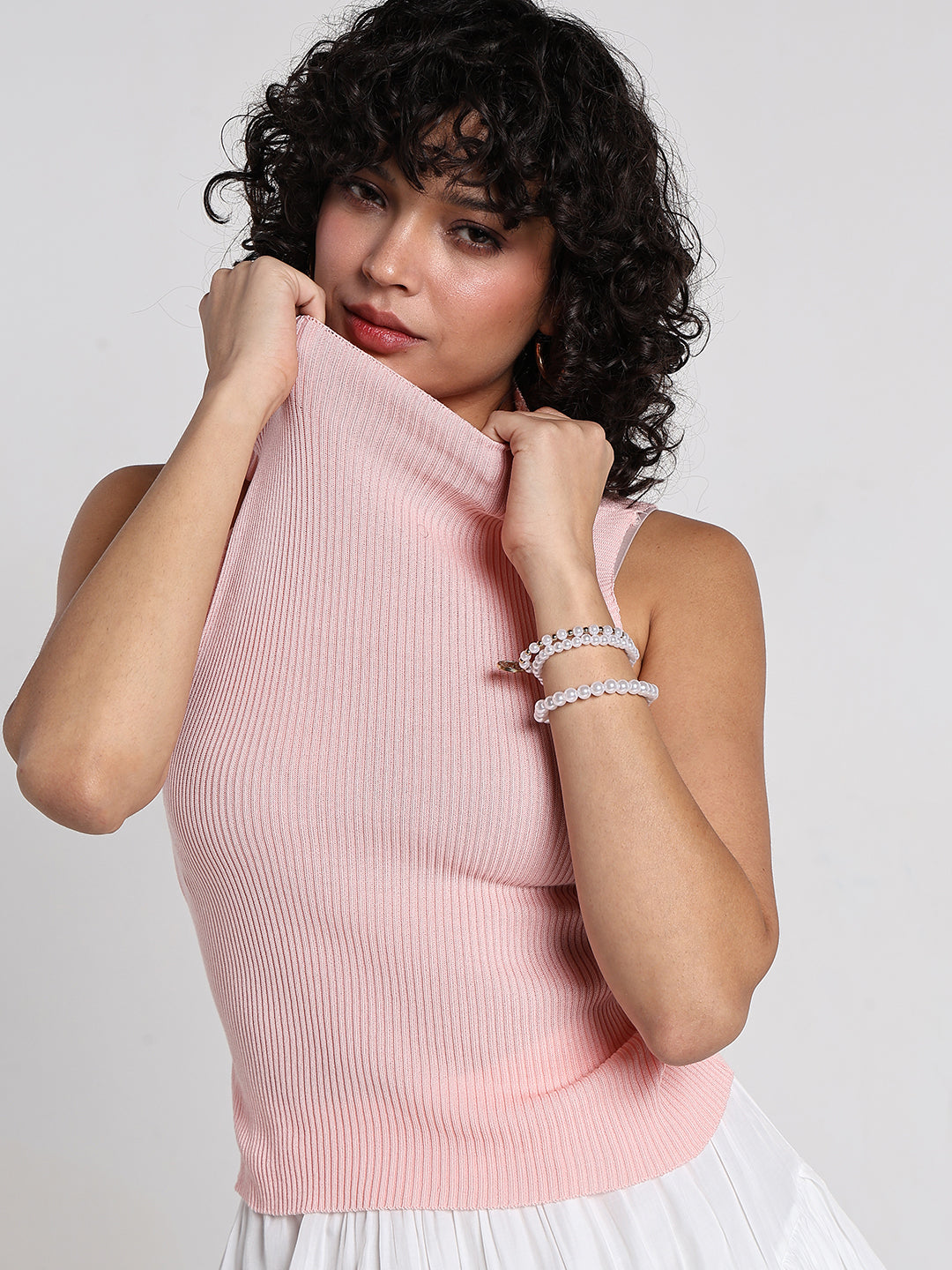 Women's Peach Ribbed Sleeveless High Neck Top