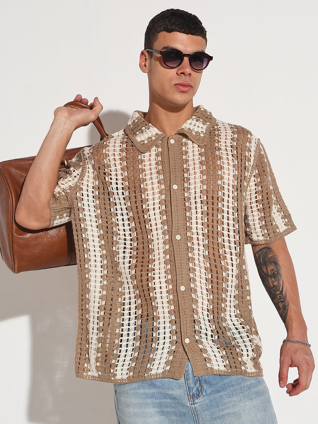 Men’s Striped Beige Crochet Open Knit Short Sleeve Shirt