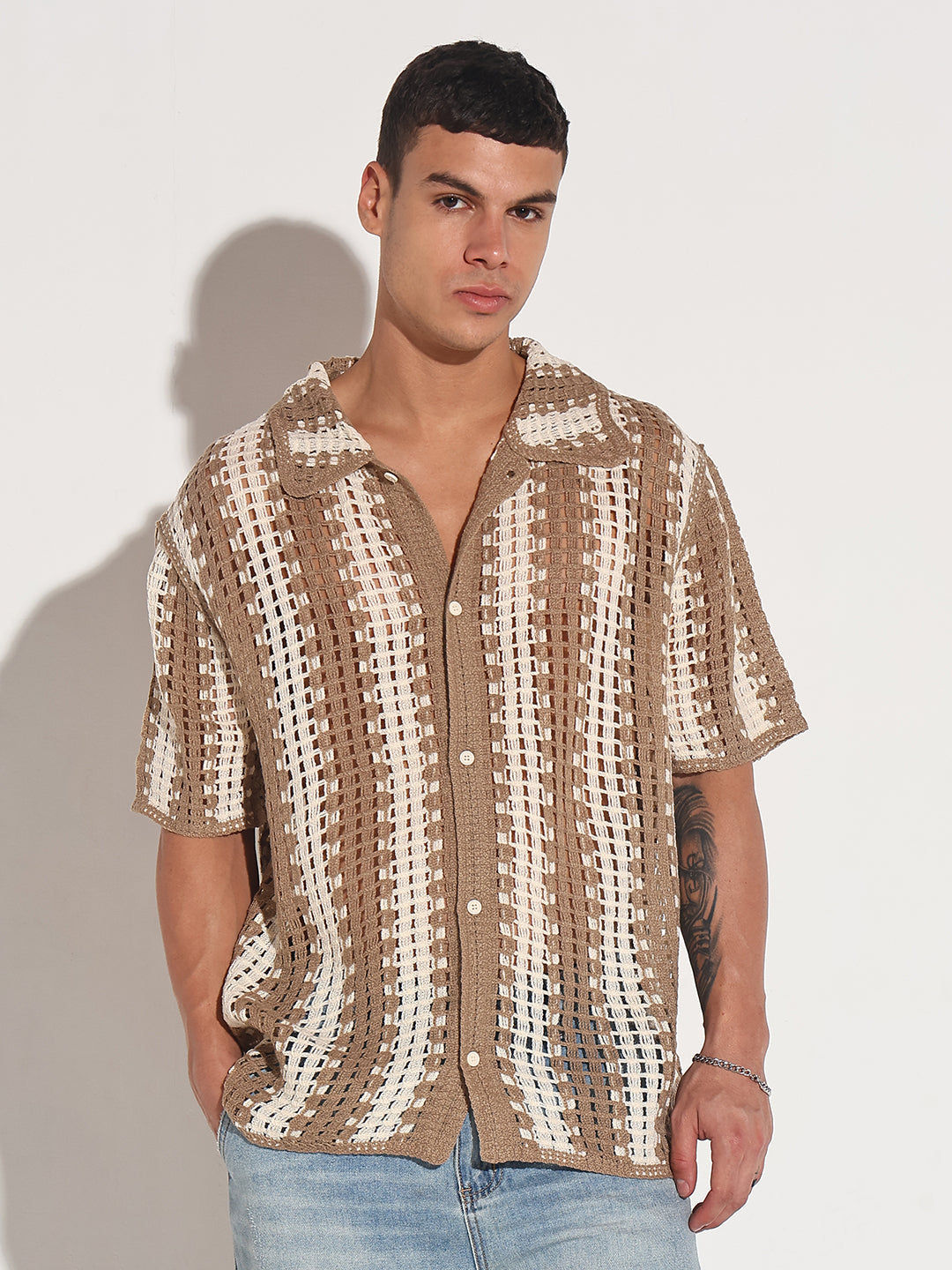 Men’s Striped Beige Crochet Open Knit Short Sleeve Shirt